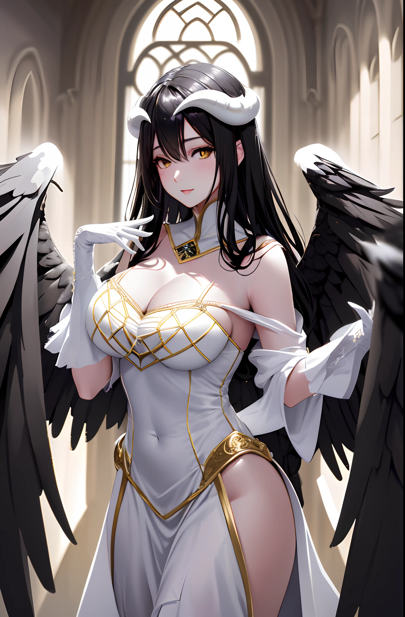 A high resolution, Sharp focus, Pixiv masterpiece, ((Intricate details)), Highly detailed, 1girll, Black wings, Gold-white dress, White horns, Albedo_Overlord, Black hair, (Low wing,:1.1), Upper body, castle on the background