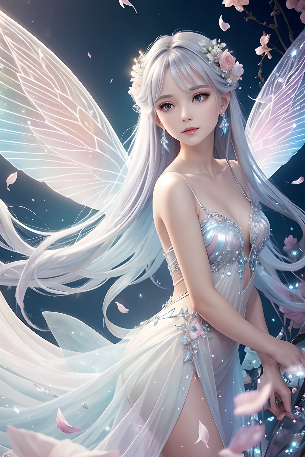 An ethereal fairy, with opalescent wings, flowing petals, and silvery accents, radiating enchantment and beauty.