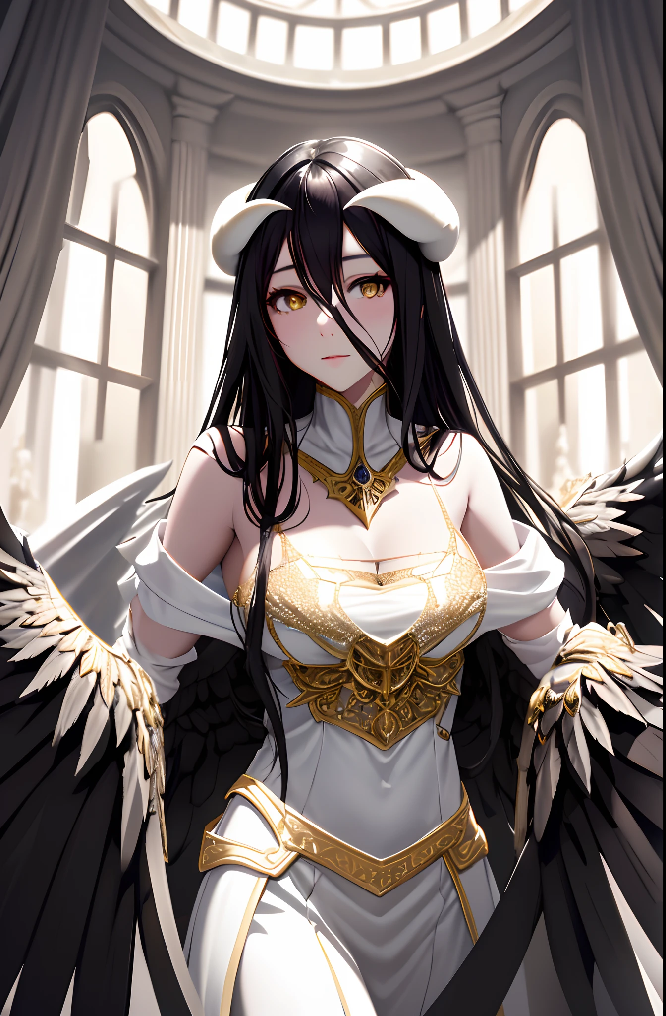 A high resolution, Sharp focus, Pixiv masterpiece, ((Intricate details)), Highly detailed, 1girll, Black wings, Gold-white dress, White horns, Albedo_Overlord, Black hair, (Low wing,:1.1), Upper body, castle on the background