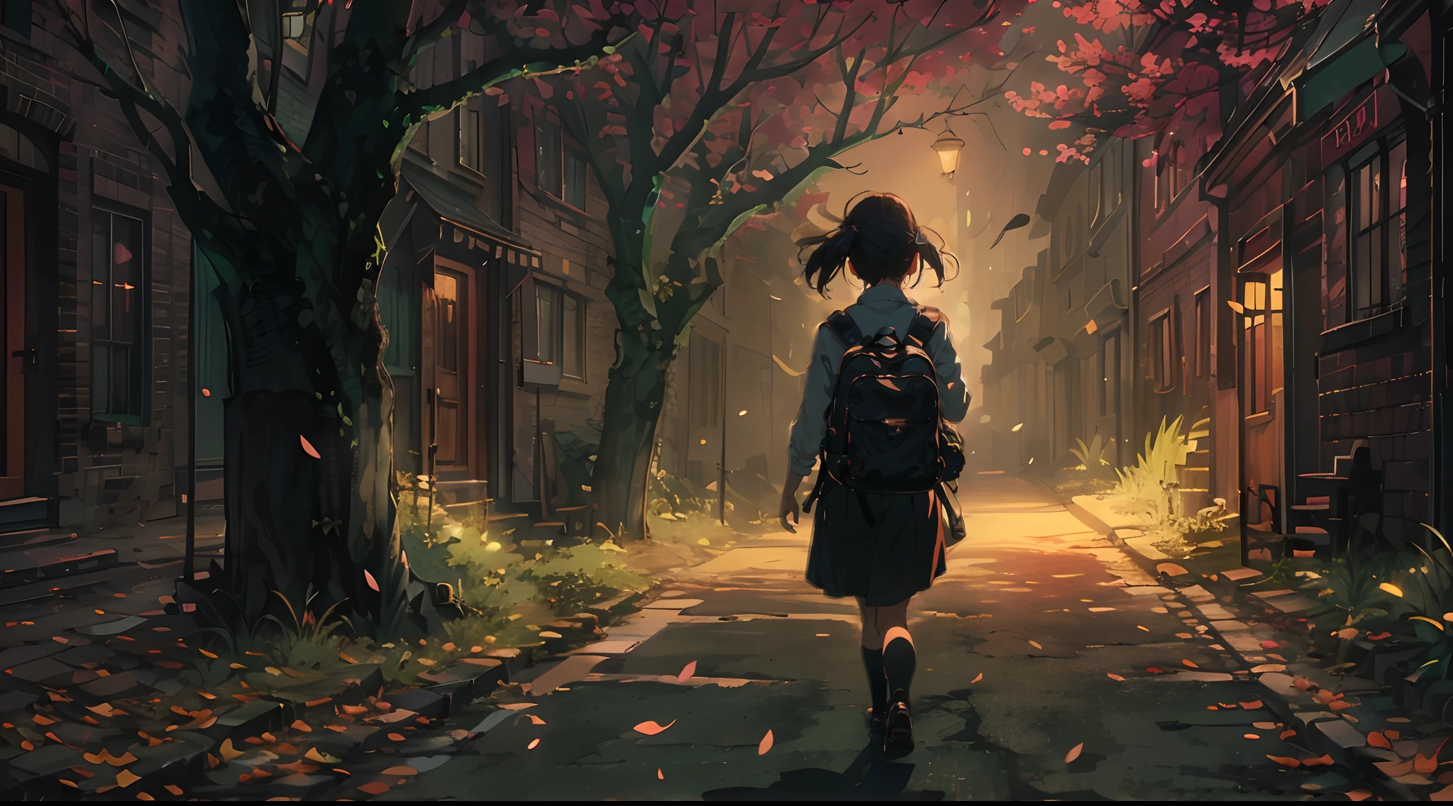 A little girl with a backpack walks down a deserted street, And in the middle of the night he casts a long shadow behind her.  Street lights flashing alarmingly, Dimly lit street with flashing street lights, Long shadows create a strange atmosphere.  The branches of the tree swayed violently, Falling and leaves blowing in the wind, Create an annoying sound.