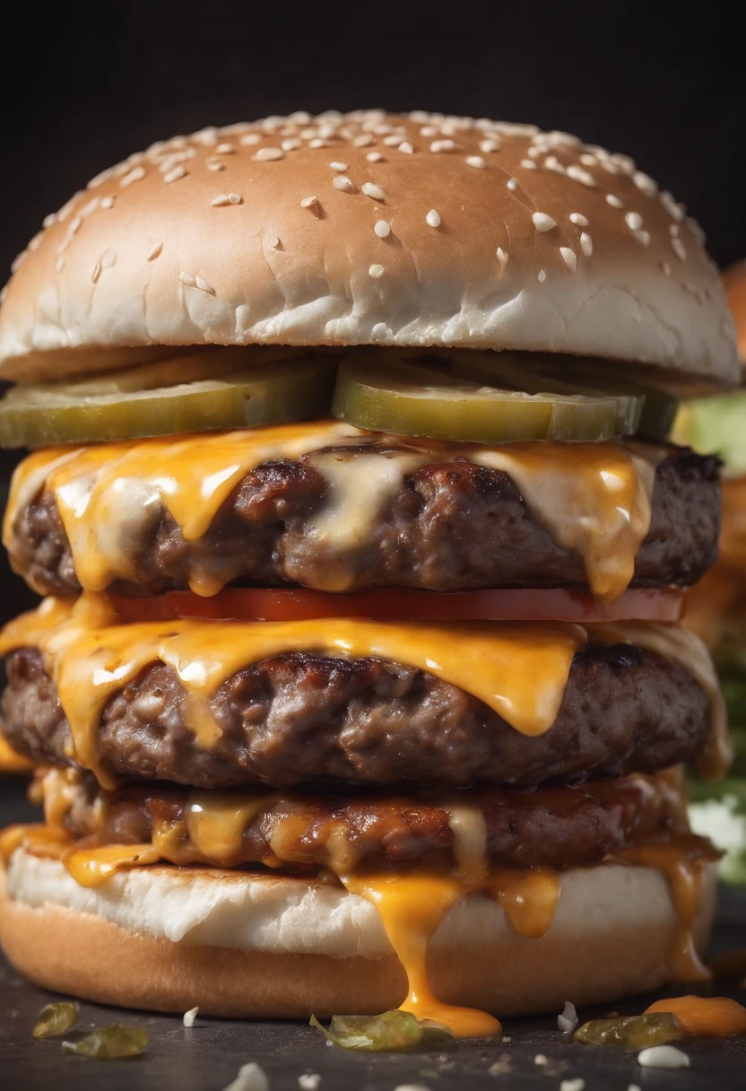 A burger falling in pieces juicy, tasty, hot, promotional photo, intricate details, hdr, cinematic, adobe lightroom, highly detailed
