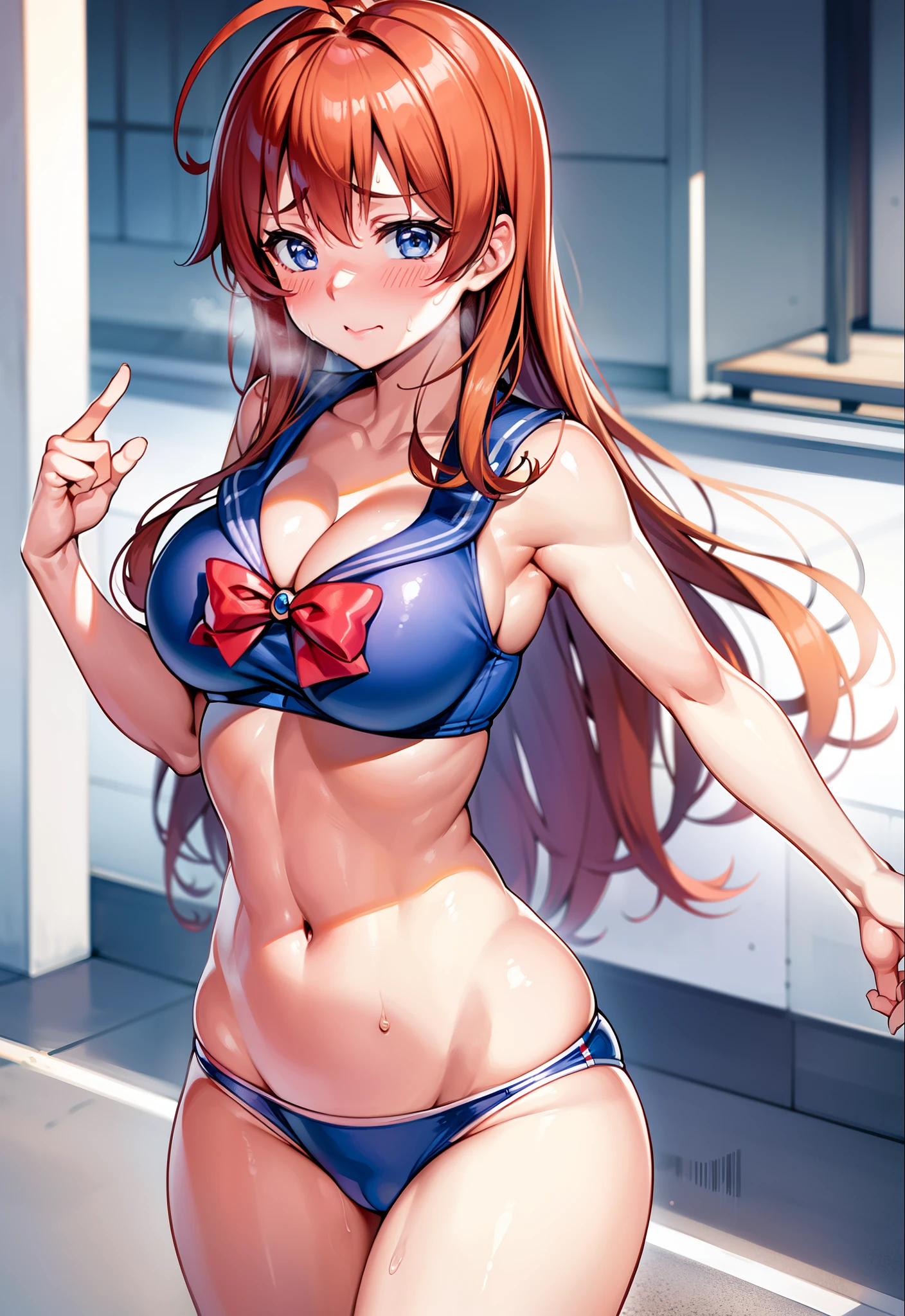 Kousaka honoka, blue eyes, sailor moon lingerie,  heavy breathing,red face,blunt hair,curvy body, standing, cowboy shot , foreground, tokyo street, japan , exposed armpits, exposed groin, exposed inguinal, exposed pubis, cleavage, sweaty, sweating, ahoge, Blushing