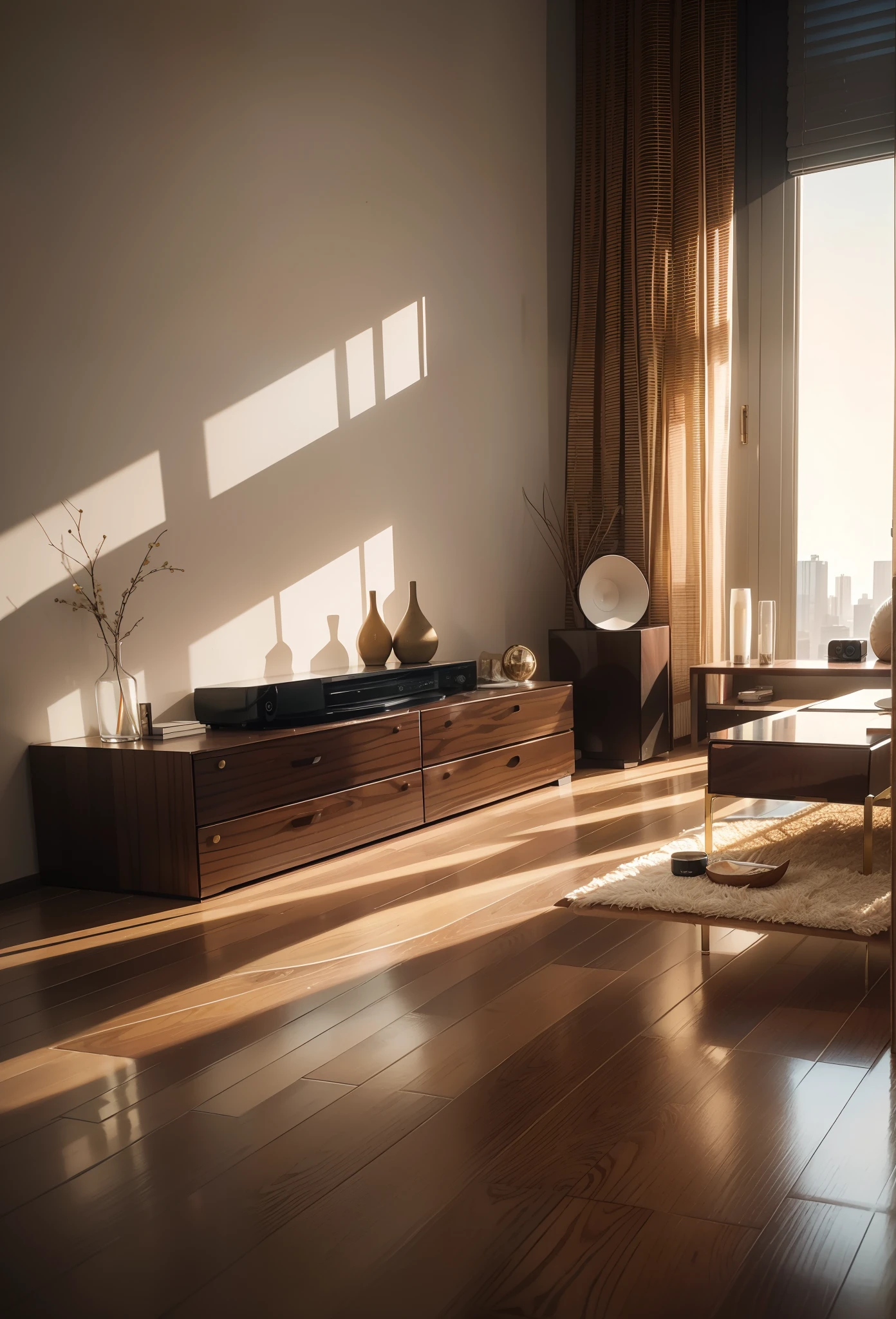 (Woodgrain speaker:1.3)((Masterpiece, Best quality)), 8K, modern architectural style, photographrealistic, hyperedetailed photo, The interior of the apartment living room is high resolution,liveroom ,sofe,tv set,Place the spoon on the plate,Style: flat lay --air 3:2, Best quality, artwork of a, Photorealistic