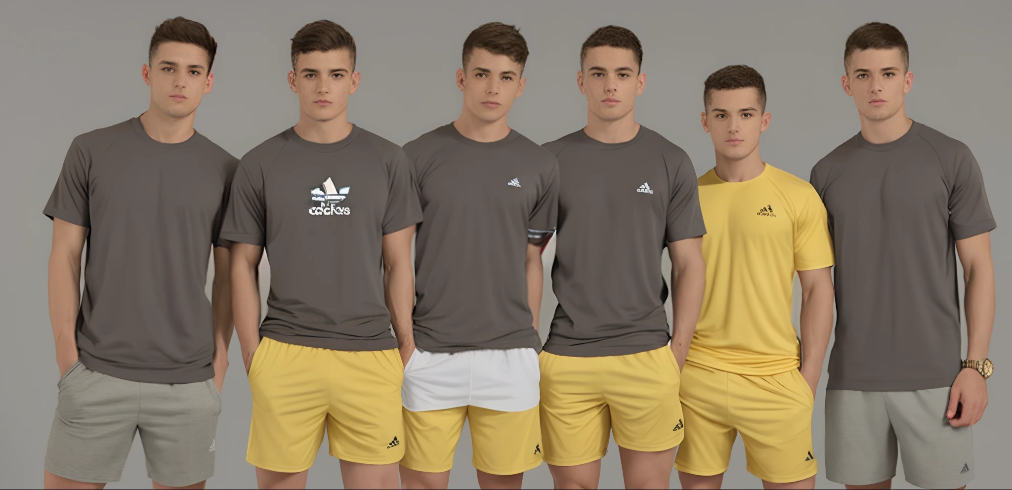 three men in gray shirts and yellow shorts posing for a picture, wearing adidas clothing, wearing shorts and t shirt, young man with short, wears shorts, gray shorts and black socks, wearing shorts, symmetrical full body, sport shorts, gold soccer shorts, in shorts, identical picture, tan skin a tee shirt and shorts, front and back, shorts