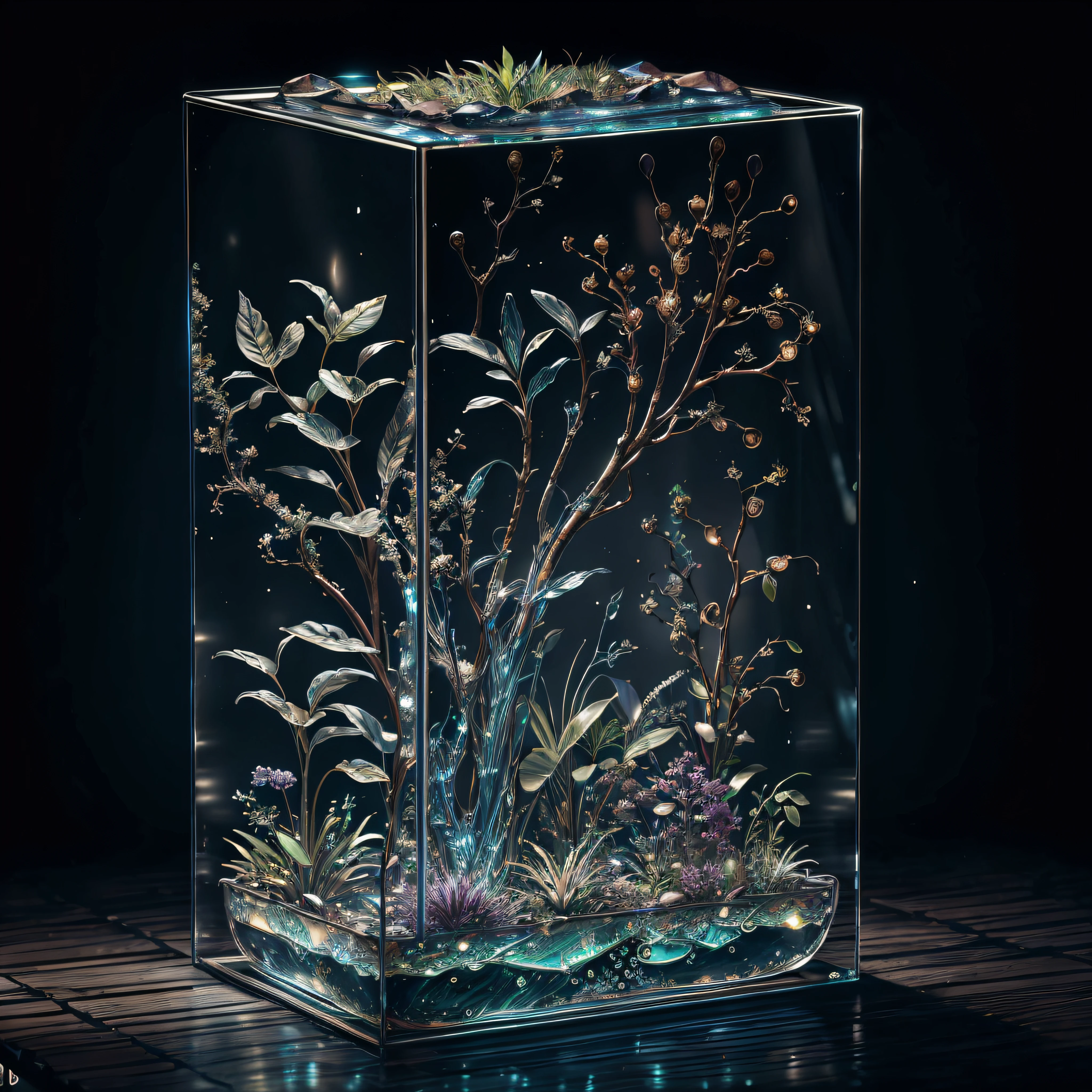 masterpiece of glass sculpture with plants inside, water, glowing, fantasy, high quality, high detail, best quality, rtx, 4k, 8k,