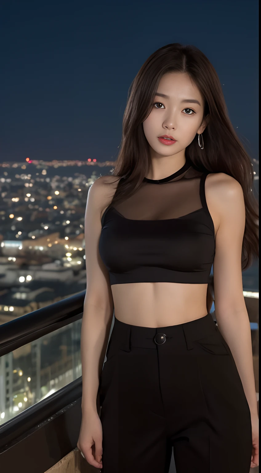 the night，Three Chinese women，Shawl wavy long hair，Wearing a white tulle crop top T-shirt（Stroke: Embroidery），Delicate orange jeans（tight leggings），Stand on a high-rise building in the heart of the city，The face is carefully depicted（Realistic1.5），Clear curves，Dark white and orange details，Attractive plus-size models，Hourglass figure，The widest plastic hips，No light，Night view of the city in the background