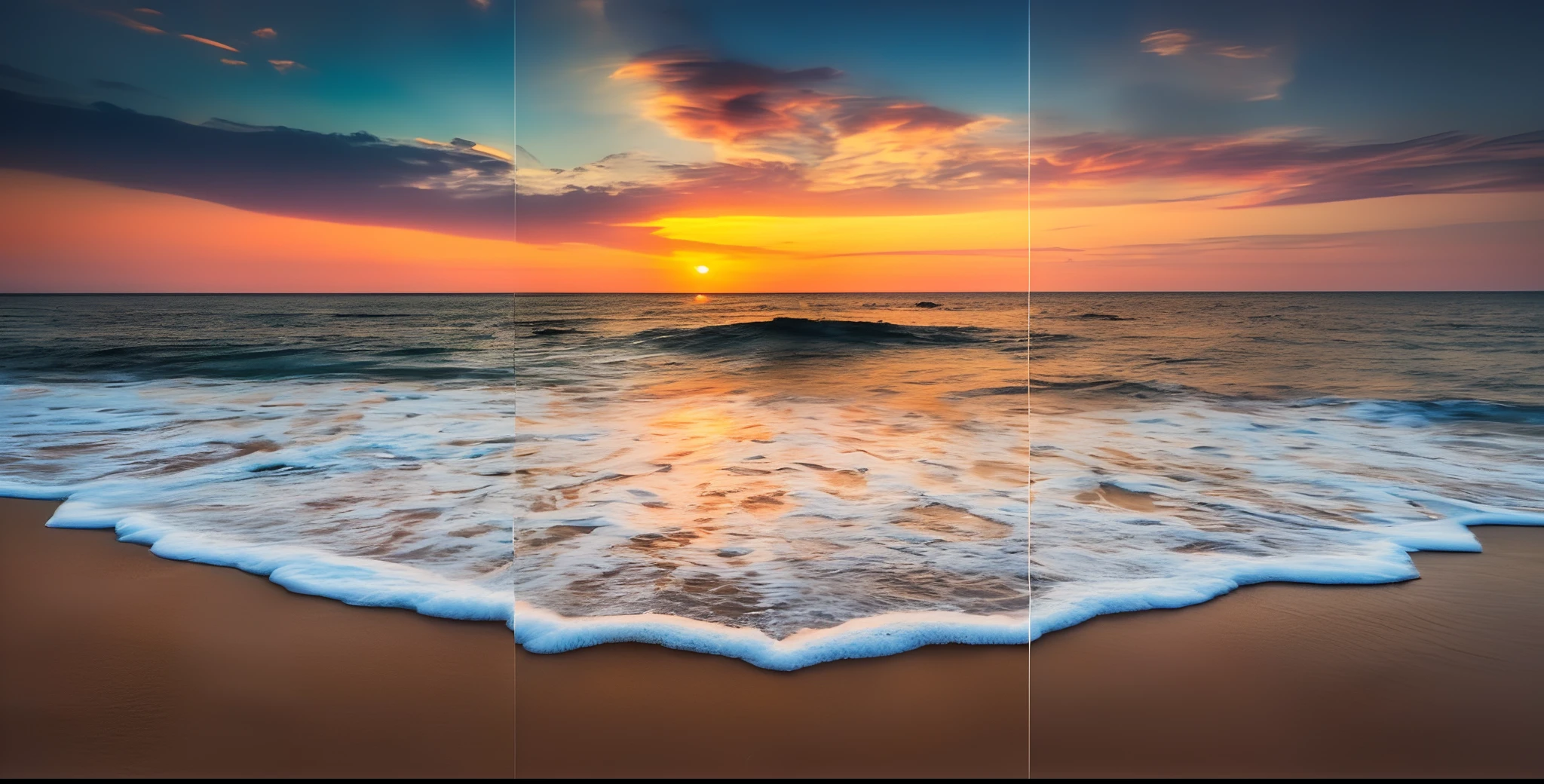 um close up de uma praia com uma onda entrando na costa, 8K HDR sunset lit, which shows a beach at sunset, rule of thirds composition, beach sunset background, Full high-quality 8k resolution, sunset at the beach, Ocean Bottom Scenery, Highly detailed rule of thirds, sunsetting color, Imagem incrivelmente composta, Law of thirds