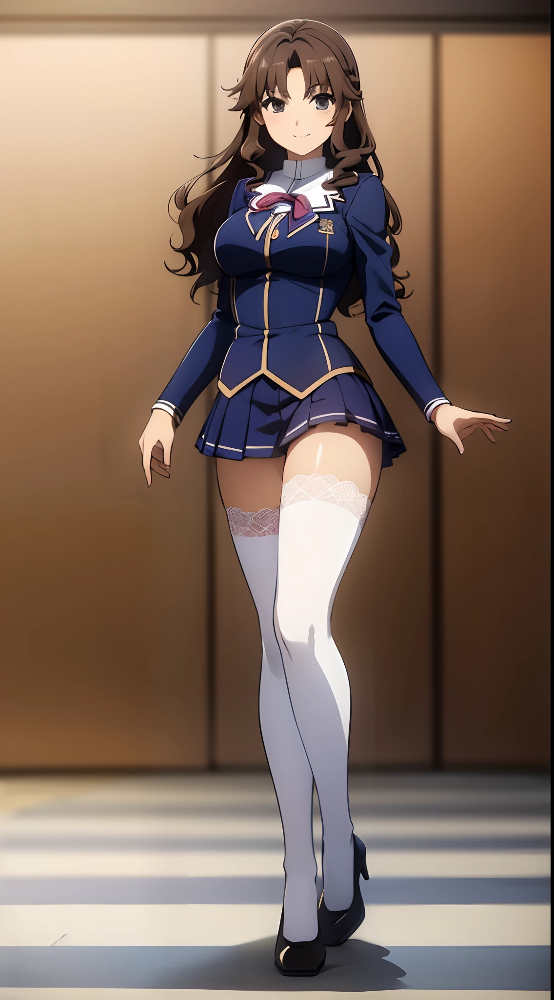 Masterpiece, high quality, 1girl, solo, brown hair, curly hair, hazel eyes, medium sized bust, (blue school uniform, sexy school uniform, blue blazer, lace section, ribbon, blue short skirt, white thigh-high socks, black high heels), smile, flat_color, full body