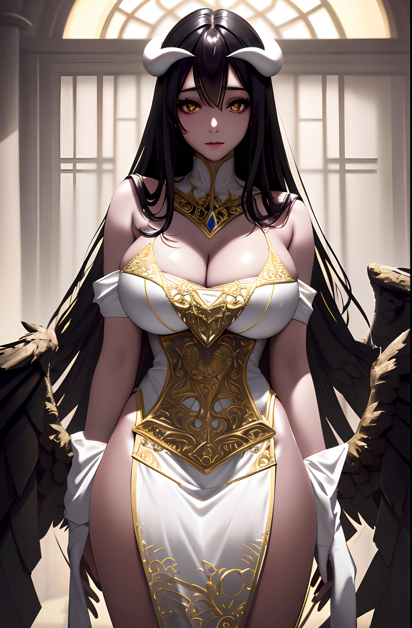 A high resolution, Sharp focus, Pixiv masterpiece, ((Intricate details)), Highly detailed, 1girll, Large breasts，cleavage，Black wings, Gold-white dress, White horns, Albedo_Overlord, Black hair, (Low wing,:1.1), Upper body, castle on the background