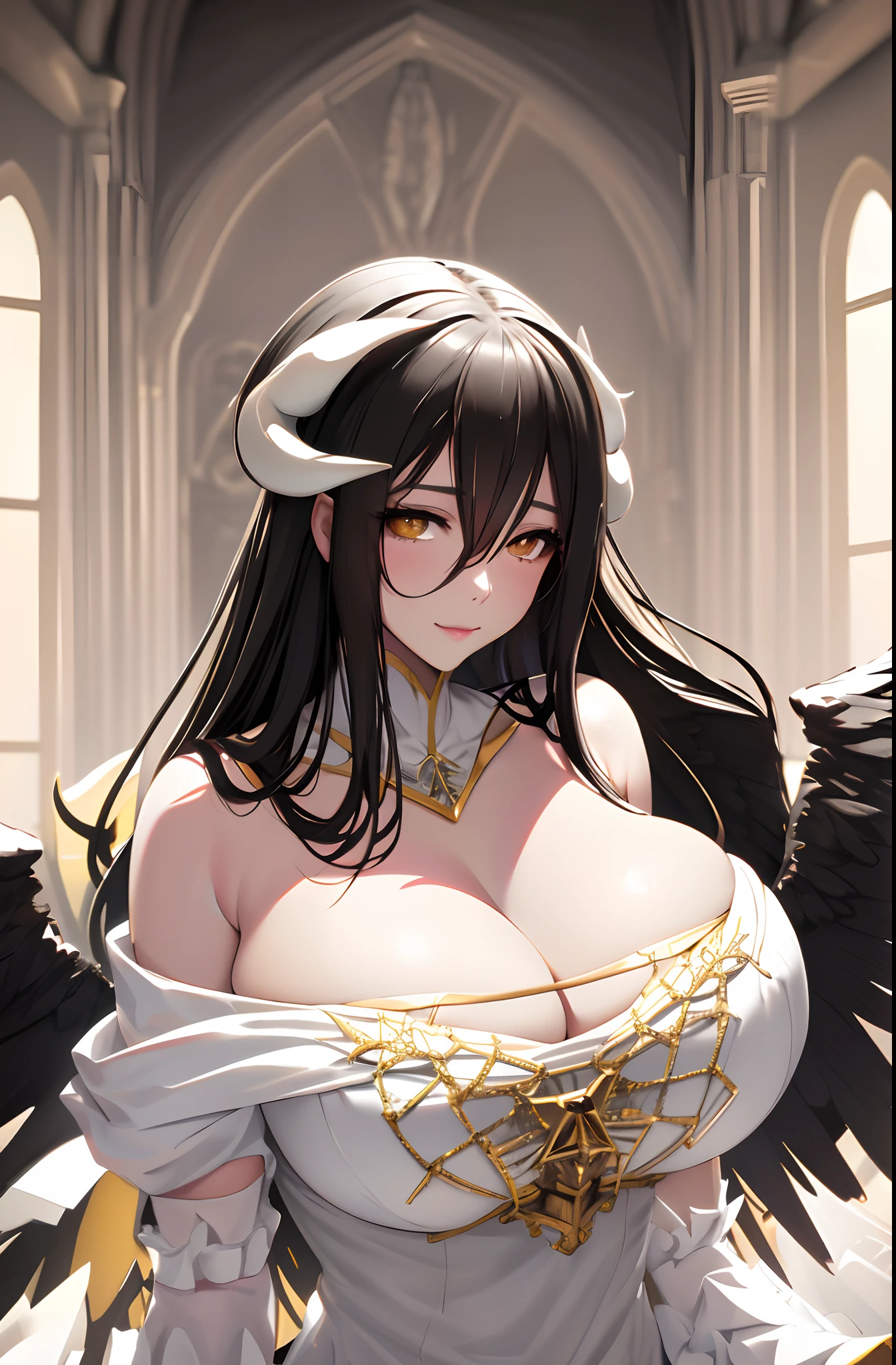 A high resolution, Sharp focus, Pixiv masterpiece, ((Intricate details)), Highly detailed, 1girll, Large breasts，cleavage，Black wings, Gold-white dress, White horns, Albedo_Overlord, Black hair, (Low wing,:1.1), Upper body, castle on the background