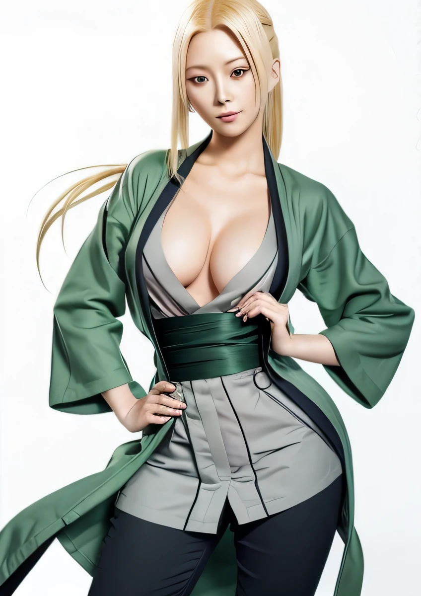 a woman smirking in a green coat and jeans with a ponytail posing for a picture , tsunade from naruto, from naruto, female anime character, inspired by Kusumi Morikage, inspired by Nishikawa Sukenobu, tatsumaki from one punch man, wearing only a green robe, kunoichi, dressed in a green robe, haruno sakura, anime character, high quality, realistic,