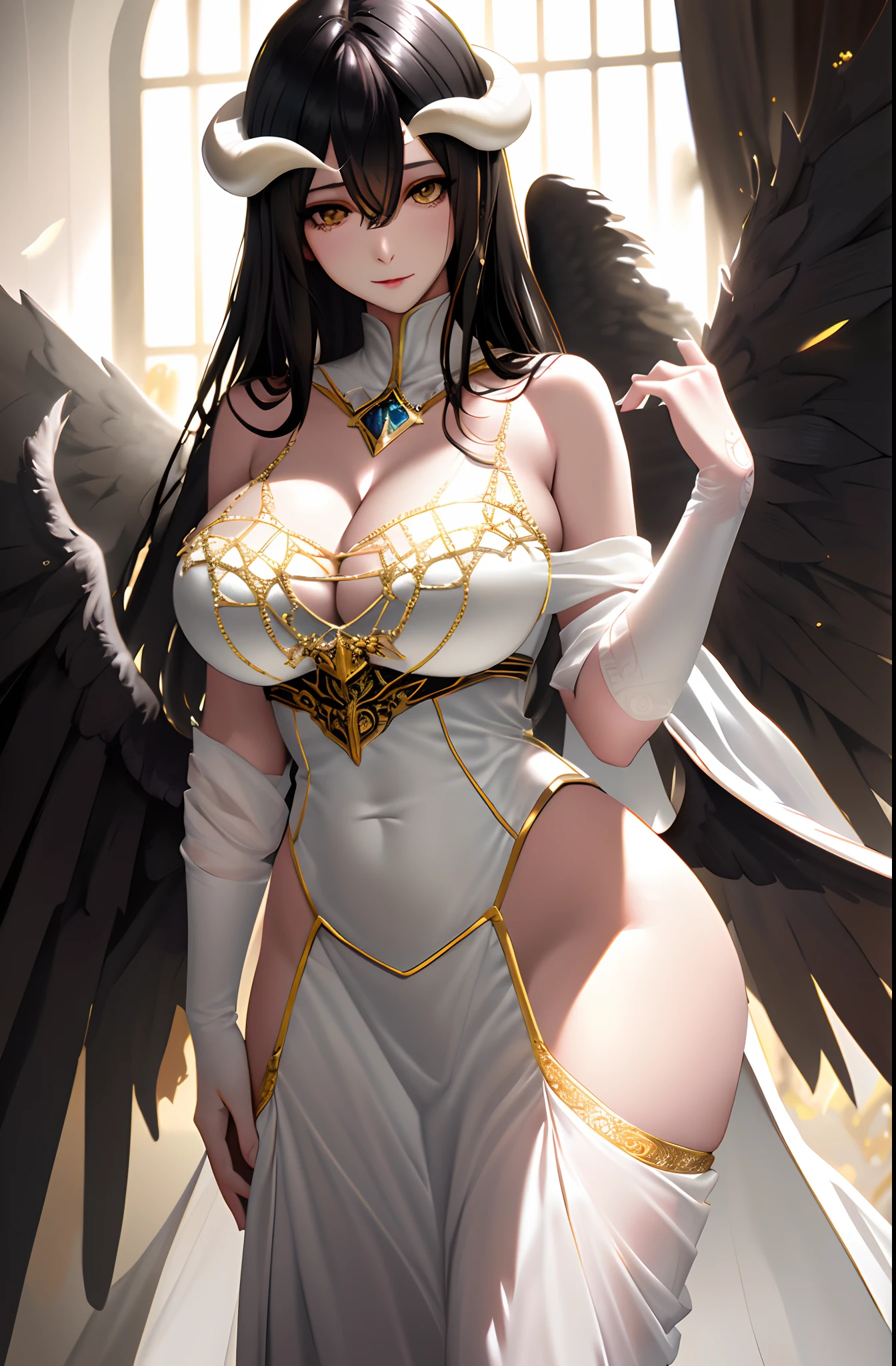 A high resolution, Sharp focus, Pixiv masterpiece, ((Intricate details)), Highly detailed, 1girll, Large breasts，cleavage，Black wings, Gold-white dress, White horns, Albedo_Overlord, Black hair, (Low wing,:1.1), Upper body, castle on the background