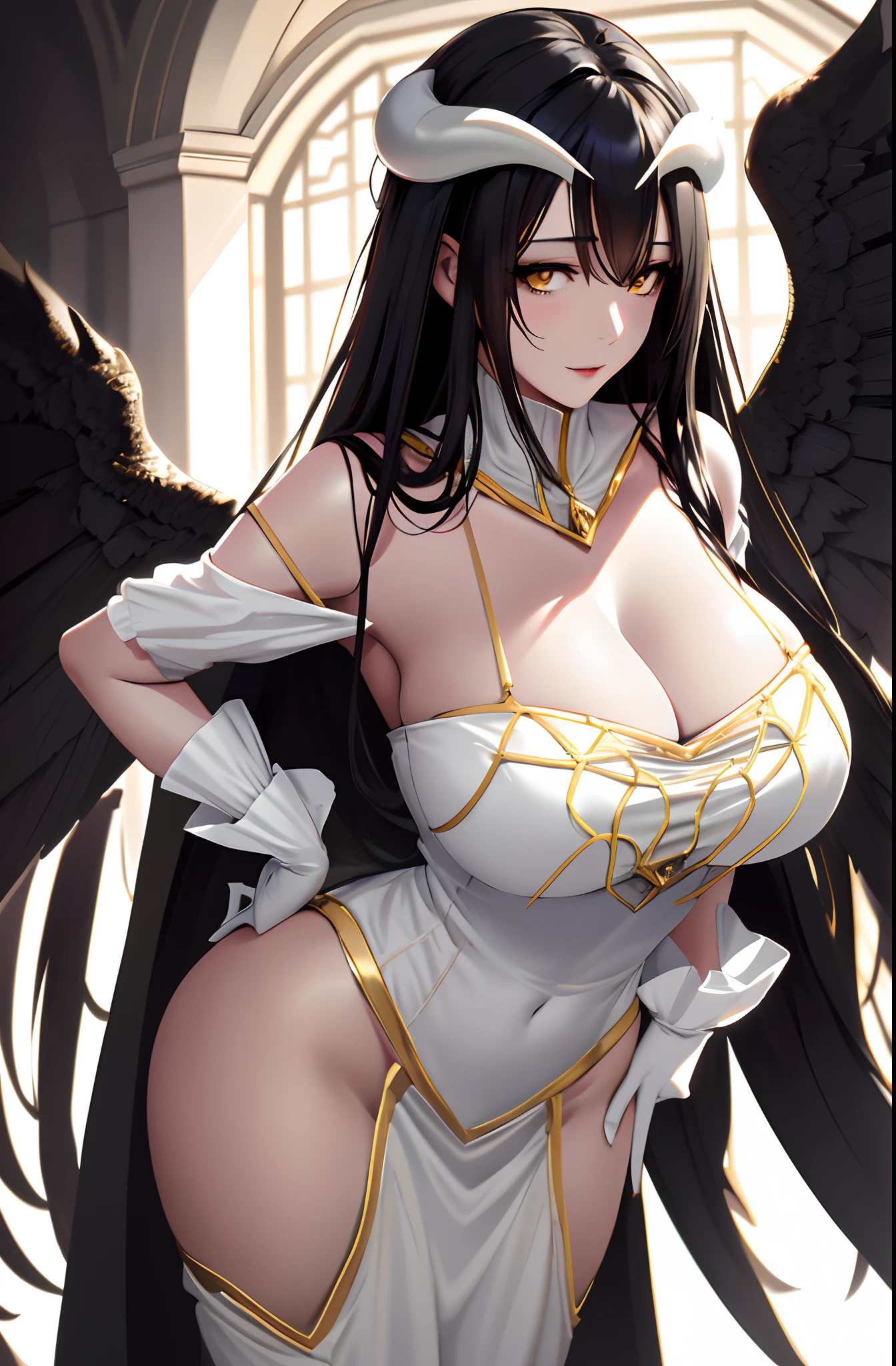 A high resolution, Sharp focus, Pixiv masterpiece, ((Intricate details)), Highly detailed, 1girll, Large breasts,cleavage,Black wings, Gold-white dress, White horns, Albedo_Overlord, Black hair, (Low wing,:1.1), Upper body, castle on the background