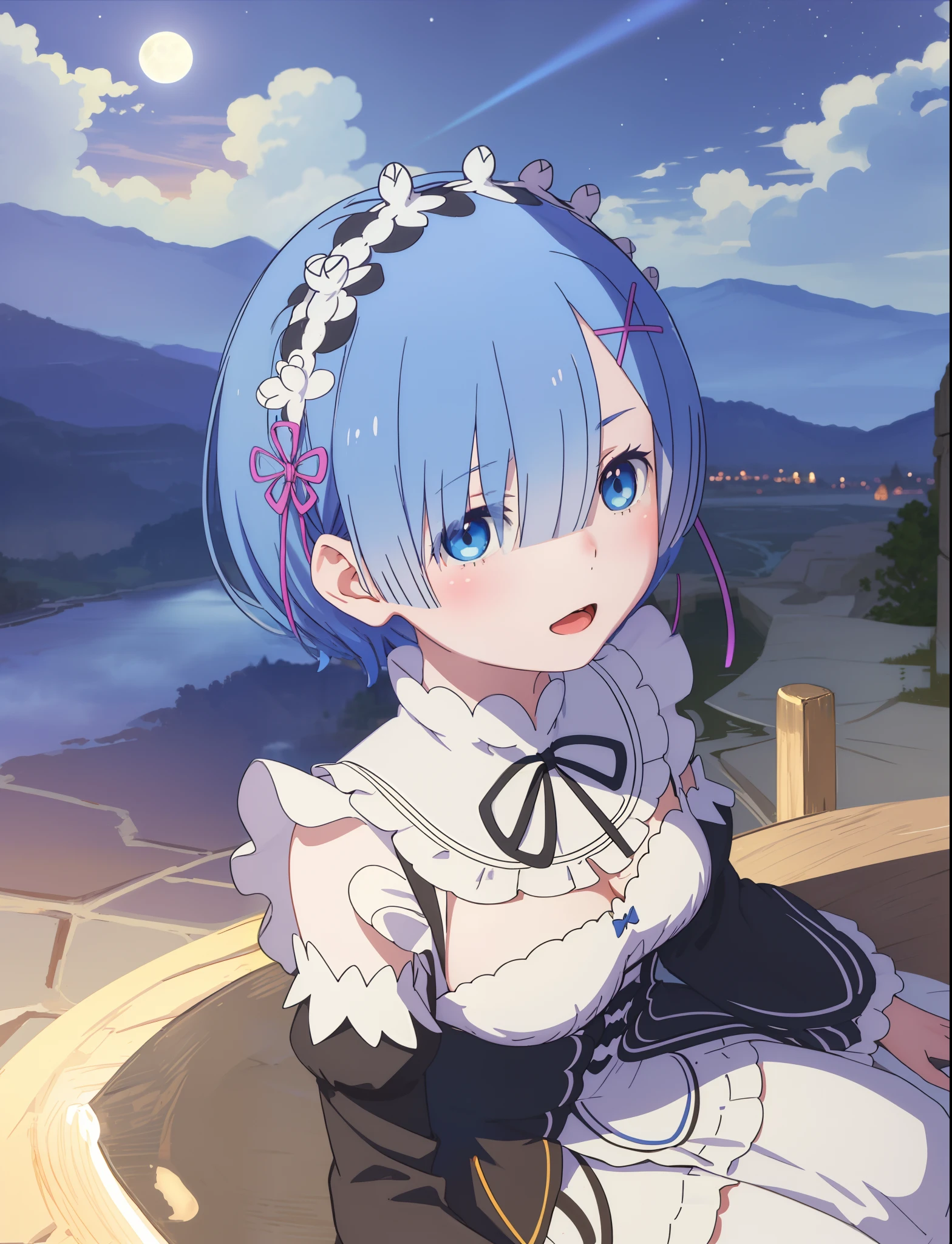 best quality, masterpiece, phRem, 1girl, blue hair, solo, maid, roswaal mansion maid uniform, looking at viewer, outdoors, open mouth, anime coloring, maid headdress, upper body, cloud, sky, parody, day, black ribbon, detached sleeves, blush, highres, highest quallity, illustration, cinematic light, ultra detailed, detailed face, (detailed eyes), best quality, hyper detailed, masterpiece, (detailed face), highest details, luminous eyes, medium breats, sitting in bed, sitting, bed, window, night sky, lake outside, moon, full moon, backlighting, light rays, (high contrast), (colorful),