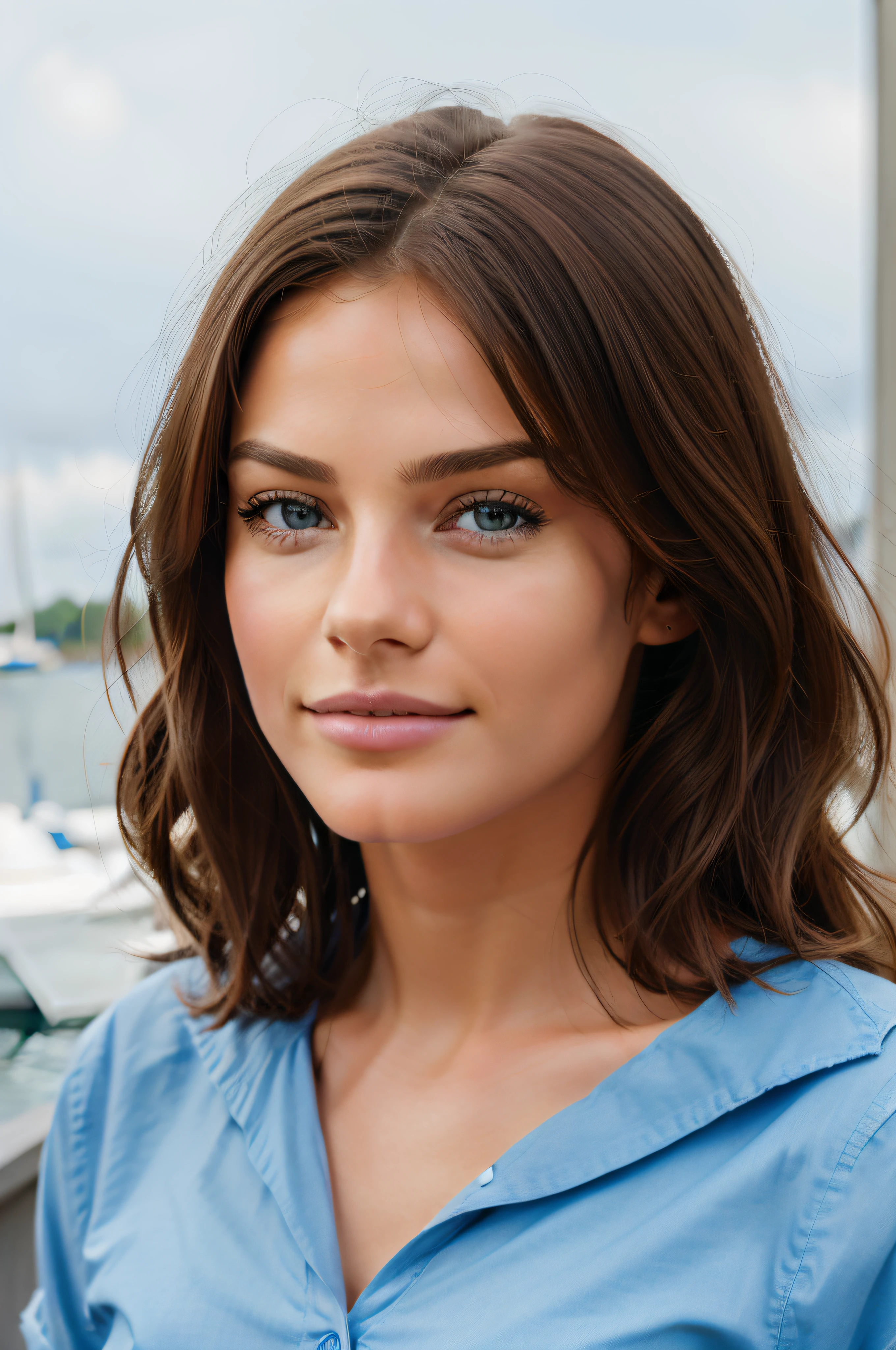 Belle brune aux reflets blonds (wearing worker uniform at docks), feet to face, Very detailed, 24 ans, visage innocent, natural wavy hair, yeux bleus, High resolution, Masterpiece, Best quality, intricate high detail, highly detailed, mise au point nette, detailed skin, realistic skin texture, texture, detailled eyes, professionnel, 4K, sourire charmant, filmed on Canon, 85 mm, all body parts visible, Couleur Kodak Vision, perfect fit body, Extremely detailed, photographier_\(ultra\), photoreallistic, Realstic, Post-traitement, maximum details, roughness, real life, ultra realist, photorealism, photographie, 8K UHD, photographie