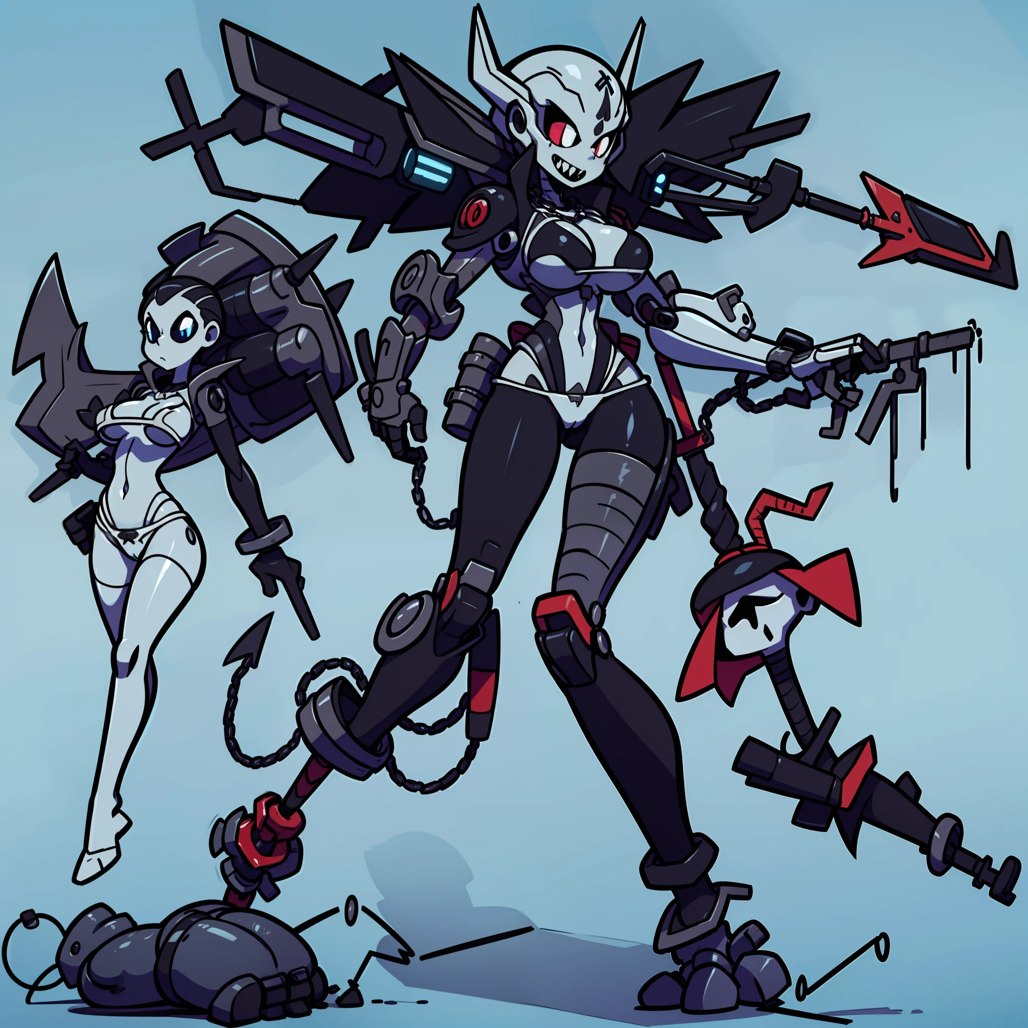 simple background, full body of 1girl, solo, mechanical limbs, glowing eyes, gray skin, female spawn by toddmcfarlane(cosplay), very sexy toon, (Punk Rock Necromancer Mecha), Decked out in leather, bikini, spikes, and chains, this mecha has a rebellious edge. Its robotic limbs resemble skeletal appendages, and it wields a skull-shaped staff. big breast, pretty huge boobs, motherly, dangerously great, exotic, amazing,,, masterpiece, best quality