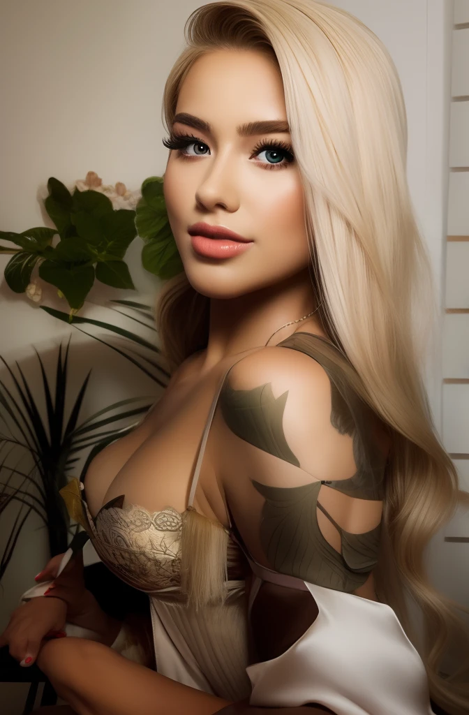 Wearing a silk robe, soft smile, blonde hair
