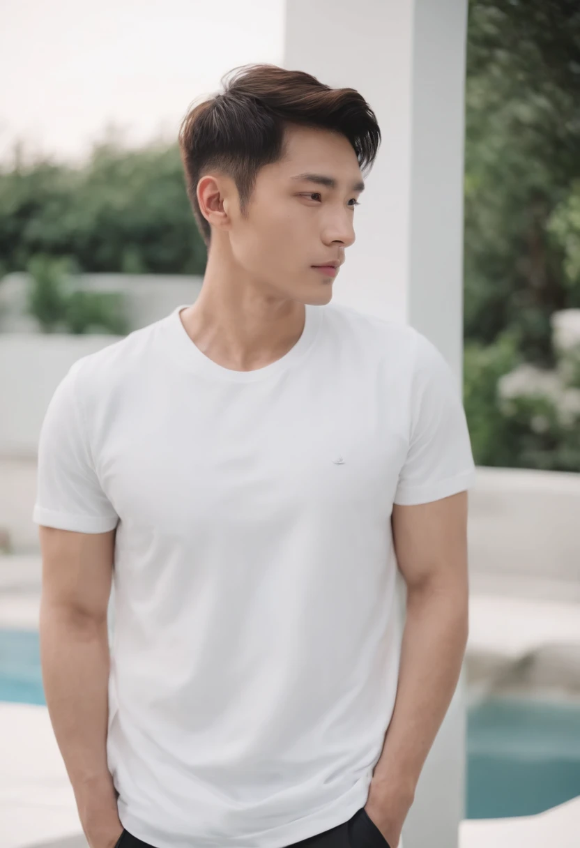 Handsome man in white shirt standing in front of swimming pool,Faraway view,in a panoramic view,whitet-shirt, White T-shirt, Distant portrait, casual streetwear, Short sleeves,Xiao Zhan,Hand pockets