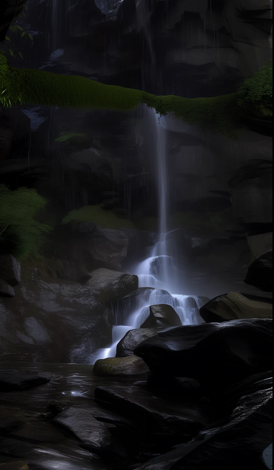 There is a waterfall cascading down a rocky mountain, Solitude under the waterfall, waterfall below, waterfall in background, waterfall flowing from the stone, chriss foss, waterfallr, under waterfall, under waterfall, (waterfallr), in a cave with the waterfall, waterfallr, long exposure 8 k, an endless waterfall, water cascading, Trickle Hyperrealism Animals Insect Waterfalls