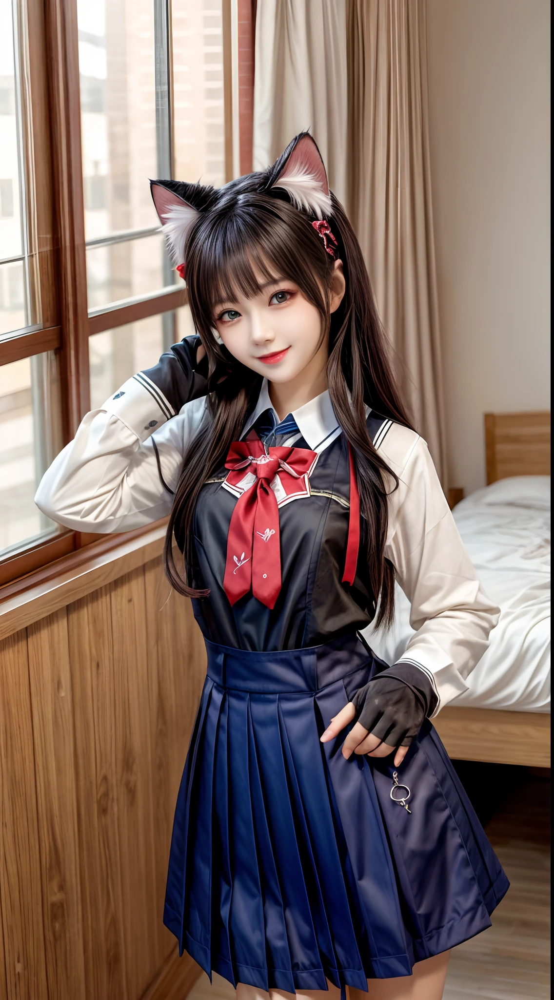 (masterpiece, best quality), 1 beautiful girl, cat ears, smile, slim body, (school uniform:1.1), (detailed beautiful eyes), paw gloves, bedroom, indoors,