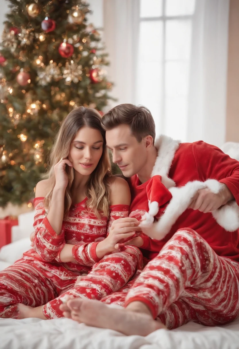 christmas pajamas promotional photo, 2 models posing in a christmas adorned home
