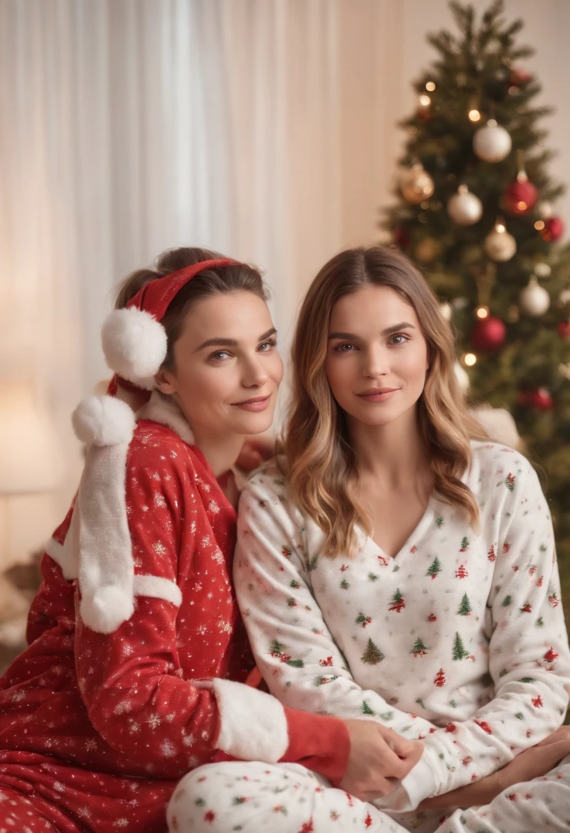 christmas pajamas promotional photo, 2 models posing in a christmas adorned home