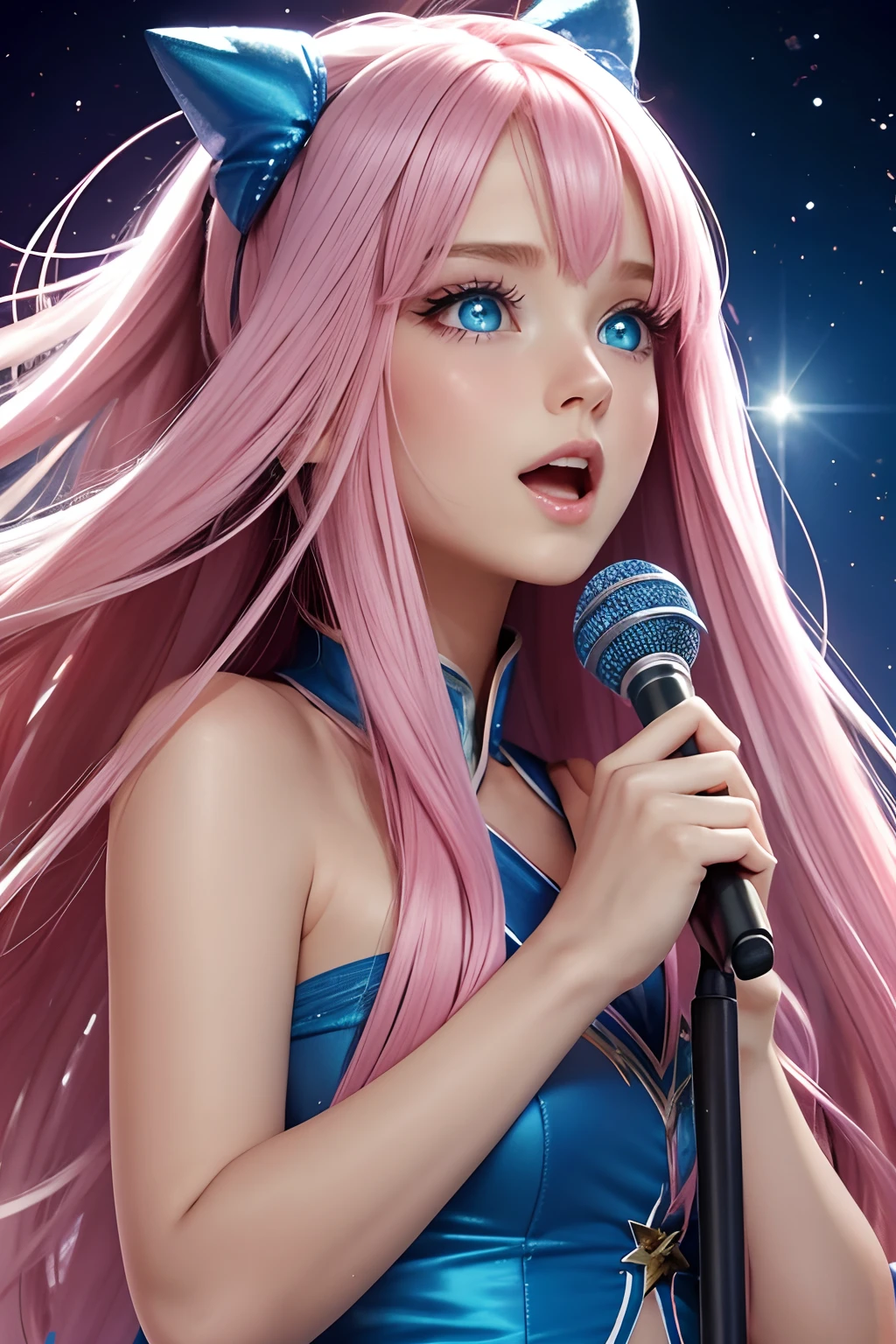 Pink long hair, blue eyes, blue star on the left cheek, singing girl