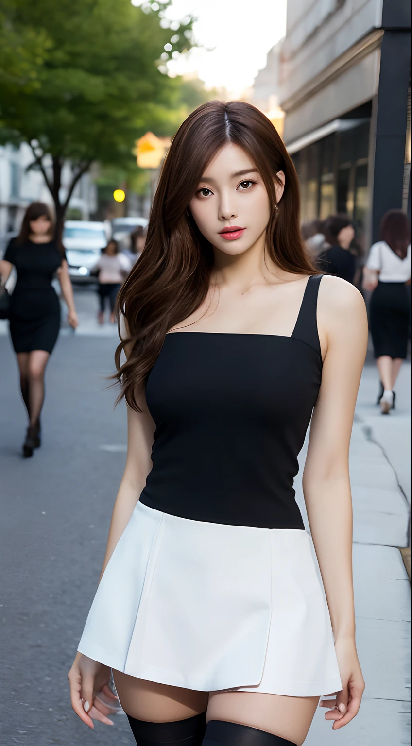 ((Realistic lighting, Best quality, 8K, Masterpiece: 1.3)), Clear focus: 1.2, 1girl, Perfect body beauty: 1.4, Slim abs: 1.1, ((dark brown hair)), (White dress: 1.4), (Outdoor, night: 1.1), City Street, Super Fine Face, Fine Eyes, Double Eyelids, (Over the knee black stockings: 1.5)