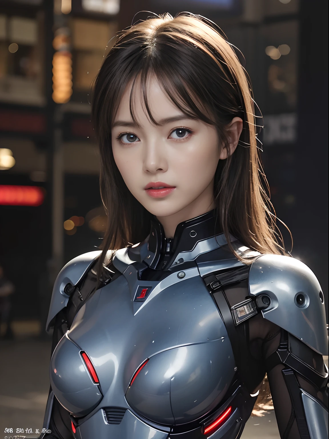 (Fight against mechanical robot soldiers)、top-quality、masterpiece、超A high resolution、(Wearing a futuristic transparent sun visor)、(Photorealsitic:1.4)、Raw photo、1人、Black hair、glowy skin、((1 Mechanical Girl))、((super realistic details))、portlate、(Small LED lamp)、Wire tubes that glow all over the body、globalillumination、Shadow、octan render、8K、Armpit、ultrasharp、Colossal tits、Small LED lamp、Raw skin is exposed in cleavage、metals、blood vessels connected to tubes、Red bodysuit、Armpit、Cyberpunk city background、Details of complex ornaments、Japan details、highly intricate detail、Realistic light、CGSoation Trends、Blue eyes、radiant eyes、Facing the camera、neon details、(Helmet of the Brave)、Mechanical limbs、blood vessels connected to tubes、Mechanical vertebrae attached to the back、mechanical cervical attaching to neck、Wires and cables connecting to the head、Gundam、Small LED lamp、Toostock、Toostock、