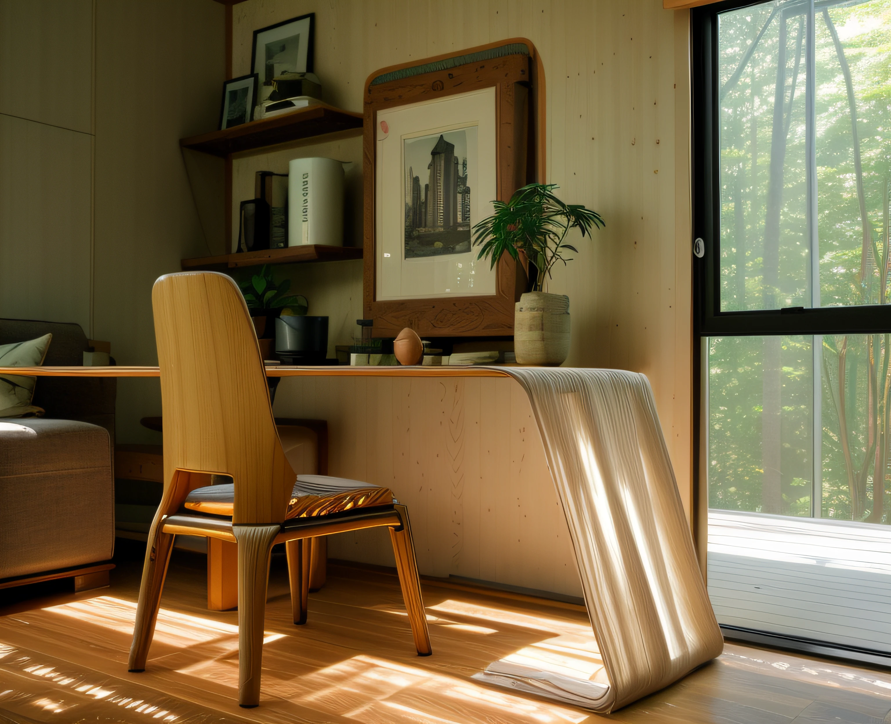 Interior design、Crazy detailed wide-angle building photos、cozy contemporary living room、(Bright warm sunshine 1:0.1)、award-winning contemporary interior design、Landscapes、DL、a chair、in a house、wooden floor、window、dining room、east asian east asian architecture、Sliding paper doors、lamp lights、buliding、the woods、naturey、Cups、A plant、Interior design、Insert lights and shadows、depth of fields、low illuminance