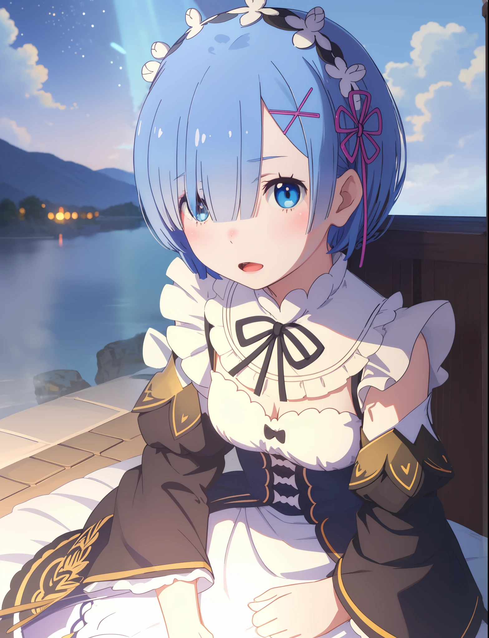best quality, masterpiece, phRem, 1girl, blue hair, solo, maid, roswaal mansion maid uniform, looking at viewer, outdoors, open mouth, anime coloring, maid headdress, upper body, cloud, sky, parody, day, black ribbon, detached sleeves, blush, highres, highest quallity, illustration, cinematic light, ultra detailed, detailed face, (detailed eyes), best quality, hyper detailed, masterpiece, (detailed face), highest details, luminous eyes, medium breats, sitting in bed, sitting, bed, window, night sky, lake outside, moon, full moon, backlighting, light rays, (high contrast), (colorful),