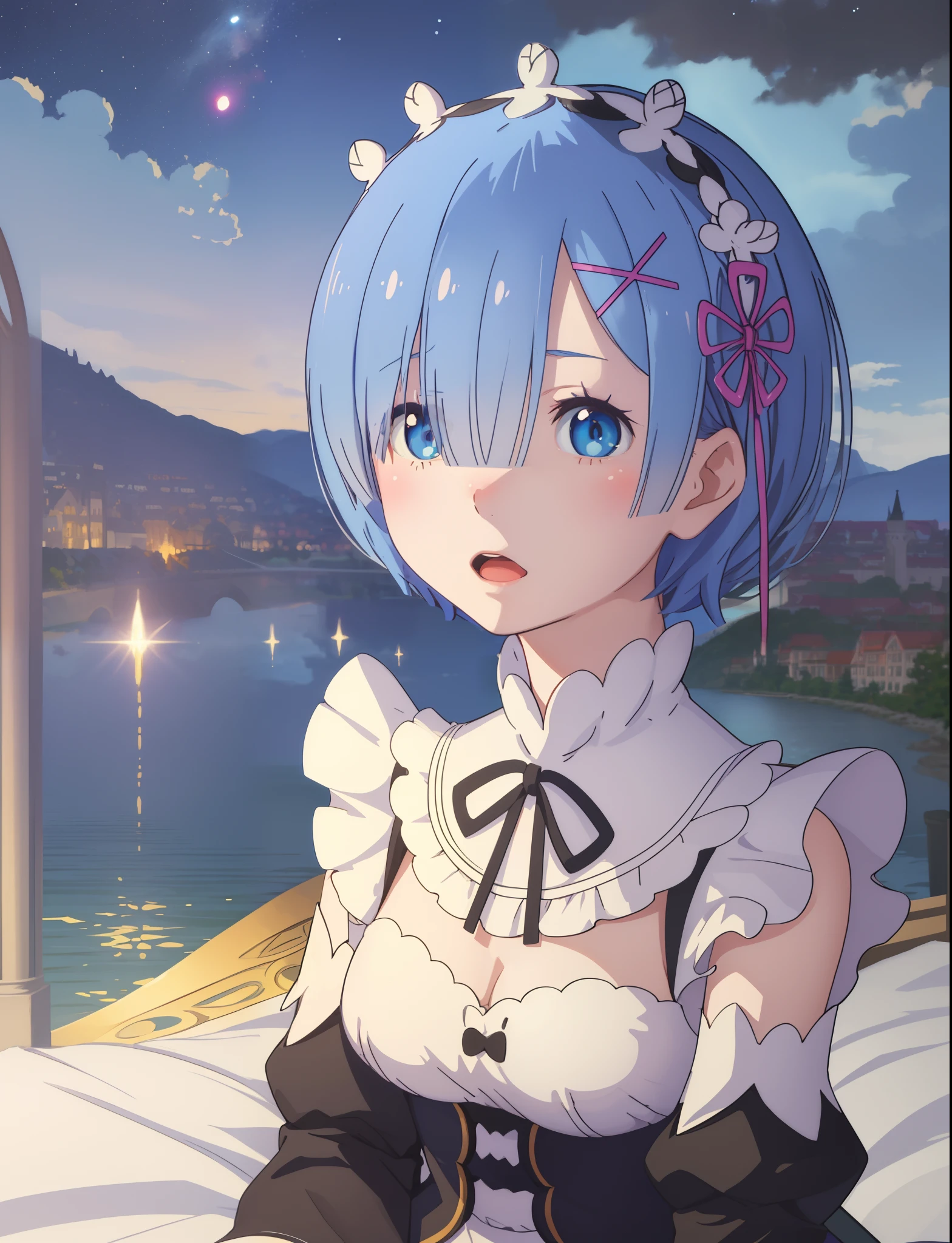best quality, masterpiece, phRem, 1girl, blue hair, solo, maid, roswaal mansion maid uniform, looking at viewer, outdoors, open mouth, anime coloring, maid headdress, upper body, cloud, sky, parody, day, black ribbon, detached sleeves, blush, highres, highest quallity, illustration, cinematic light, ultra detailed, detailed face, (detailed eyes), best quality, hyper detailed, masterpiece, (detailed face), highest details, luminous eyes, medium breats, sitting in bed, sitting, bed, window, night sky, lake outside, moon, full moon, backlighting, light rays, (high contrast), (colorful),