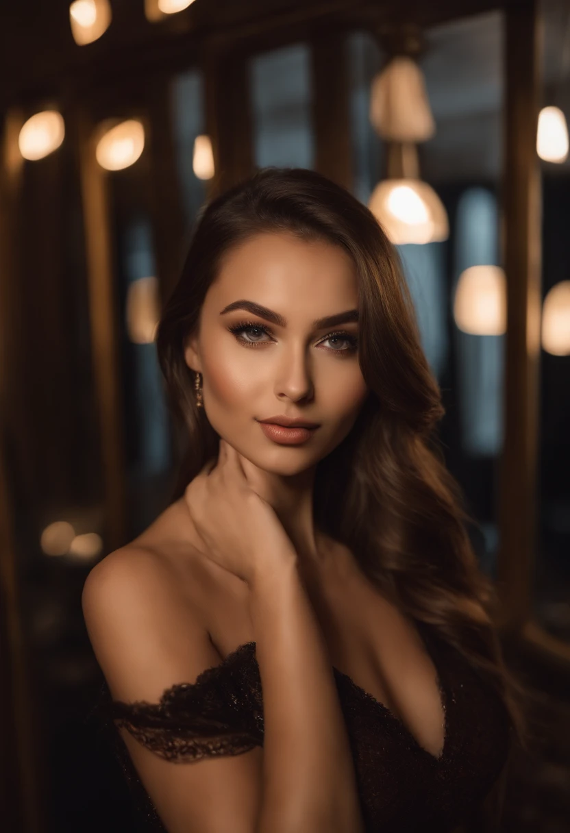 Arafed woman in evening dress, night club, fille sexy aux yeux bruns, Portrait Sophie Mudd, cheveux bruns et grands yeux, selfie of a young woman, Yeux de chambre, sans maquillage, maquillage naturel, looking straight at camera, Visage avec Artgram, Maquillage subtil, Superbe photo du corps entier,