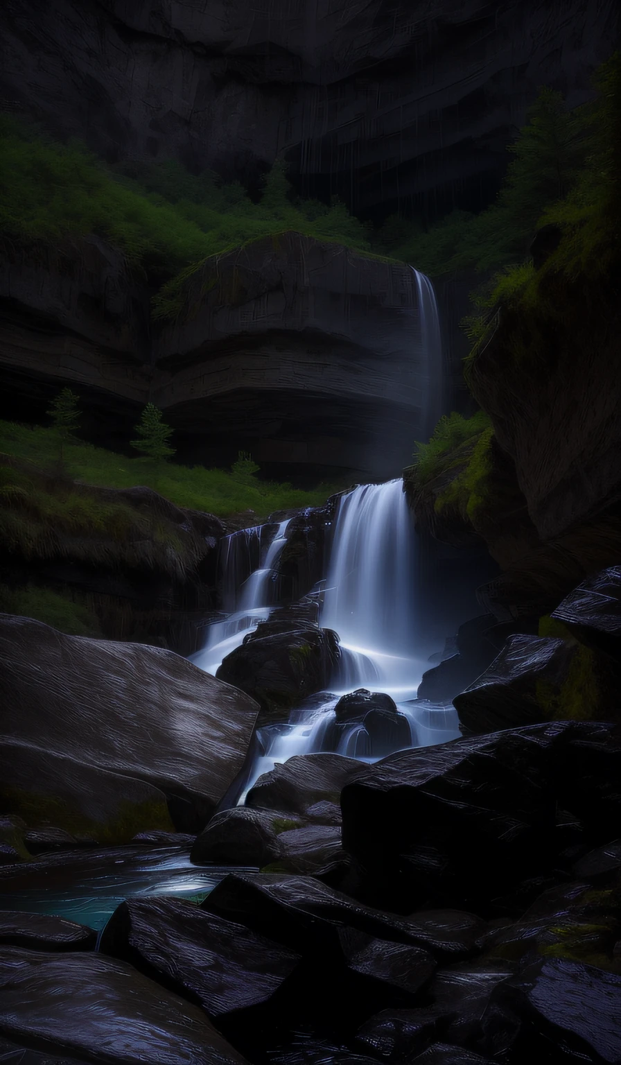 There is a waterfall cascading down a rocky mountain, Solitude under the waterfall, waterfall below, waterfall in background, waterfall flowing from the stone, chriss foss, waterfallr, under waterfall, under waterfall, (waterfallr), in a cave with the waterfall, waterfallr, long exposure 8 k, an endless waterfall, water cascading, trickling water