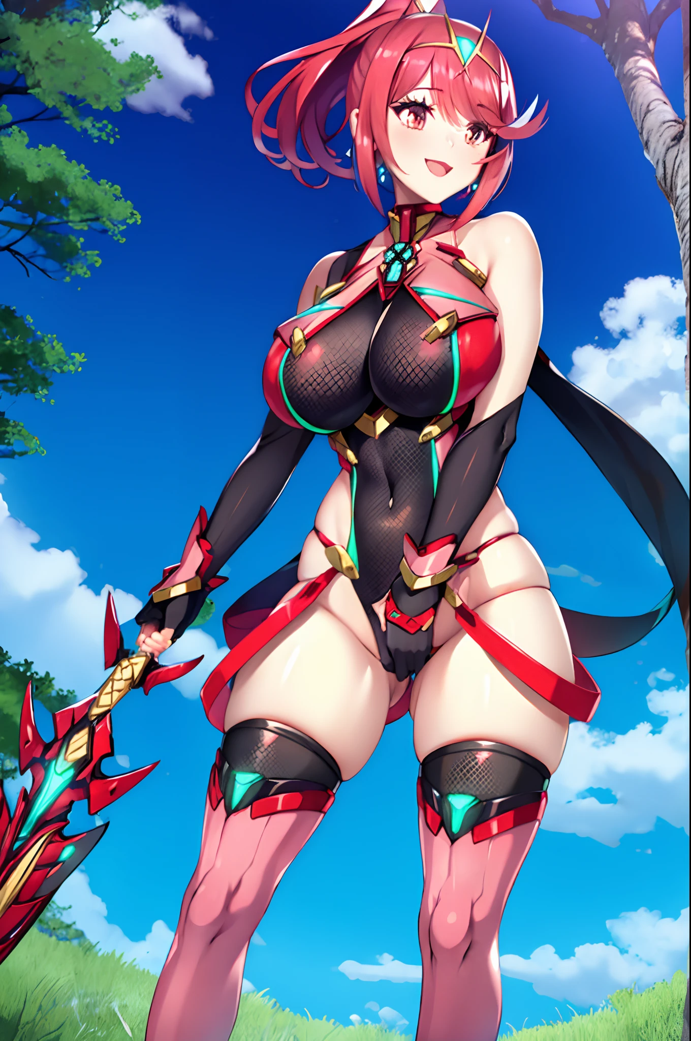 pyra \(xenoblade\), _1girl, lolibangs, black gloves, breasts, red eyes, shout, earrings, eyelashes, fingerless gloves, floating hair, , gem, gloves, hair ornament, headpiece, jewelry, big_breasts, leaning back, swimsuit, neon trim, official art, pose, red hair, saitou masatsugu, short hair, sidelocks, skin tight, solo, swept bangs, thighhighs, tiara, fantasy_town_background, underbust, xenoblade chronicles \(series\), (xenoblade chronicles 2), (spread_legs:1.1), fire_effect,dynamic_pose,fighting,light_smile, (plump:1.1), big_ass,huge_sword, hold_large_sword_hilt, covered_nipples, covered_pussy, fists,ponytail,beautiful_fingers,(solo:1.1), bare_shoulder,(shoulder_naked:1.2), nipple_jewel,