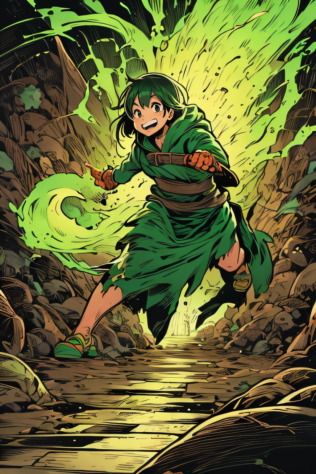 Bandit Girl、Green costume、Running in nature、Green lightning
