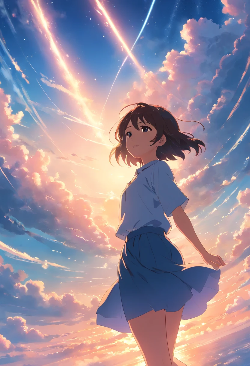 masterpiece, best quality, movie still, 1girl, cloud girl, floating in the sky, close-up, bright, happy, warm soft lighting, sunset, (sparks:0.7)