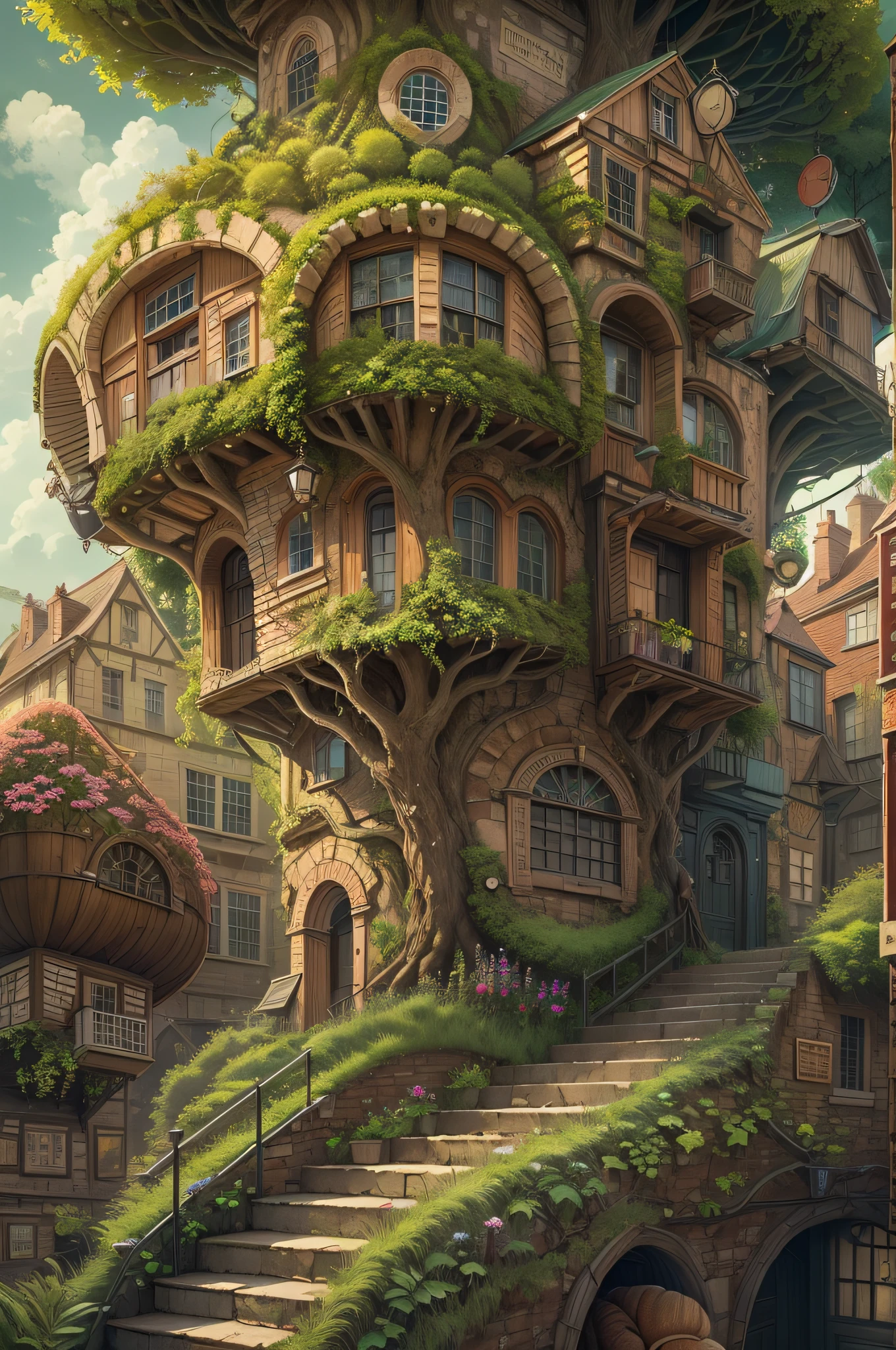 The townscape, with its fractal house, snail-like pace, and tree-covered streets, was a place where time itself seemed to follow the patterns of nature, moving slowly and deliberately, much like the snails that occasionally ventured out to explore the fractal world of their own.