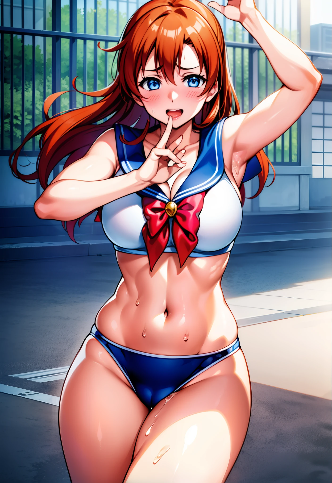 Kousaka honoka, blue eyes, sailor moon lingerie, heavy breathing,red face,blunt hair,curvy body, standing, cowboy shot , foreground, tokyo street, japan , exposed armpits, exposed groin, exposed inguinal, exposed pubis, cleavage, sweaty, sweating, ahoge, Blushing,cum on body, cum on breasts,cum on thighs