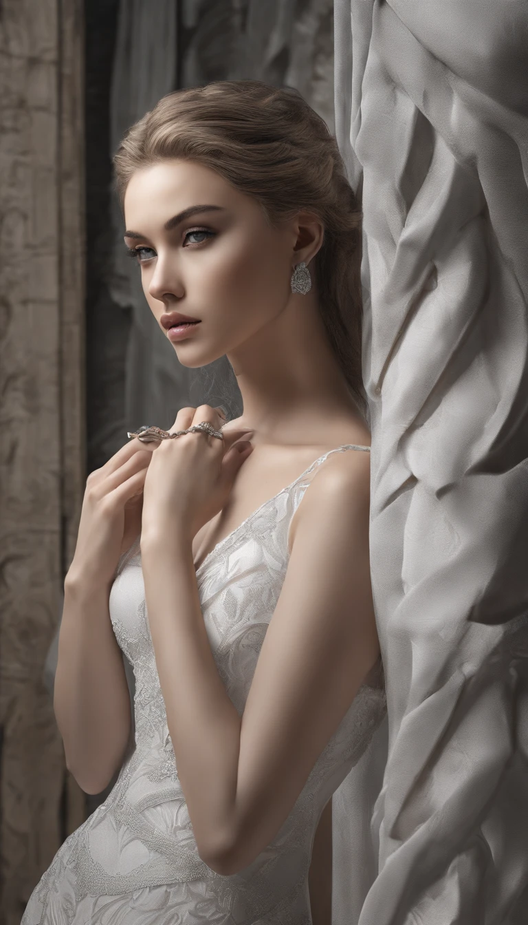 (Best quality,4K,8K,A high resolution,Masterpiece:1.2), Ultra-detailed, (Realistic,Photorealistic,photo-realistic:1.37) One is two meters tall,Portrait of an extraordinary woman with a flawless face. She has a pair of charming beautiful eyes on her face, Delicate lips, and perfectly curved nose. She is sweet, Off-white curls fell to the ground, Adds to her ethereal charm.
The composition highlights her exaggerated body proportions, A huge room showing her dominant photo, Highlight her slender waist. The sexy body exudes sexiness, Grab your audience's attention. The focus is on her eye-catching big buttocks, Amplify the charm of her physique. Her legs, Two-thirds of her body, Elegantly elongated,Has incredible sculpted muscles. This scene captures her graceful standing, A pair of charming high heels sets off her overall look。.
Artwork is a clever combination of various materials, Seamlessly blend illustrations, Oil painting, 3D rendering of, and photography skills. The high quality of the image is evident in the intricate details, Every stroke and every texture is meticulously depicted. The exceptional level of detail allows viewers to appreciate the smallest nuances and imperfections.
The art style chosen for this piece is a fascinating blend of fantasy and realism. It shows her otherworldly beauty,while maintaining realism. The colors used in the composition create a harmonious and charming atmosphere. The overall tone is elegant,Radiant hair, Highlight the attractiveness of the subject.
Light illuminates the subject with a soft light, ethereal glowing. It enhances the delicate features on her face, Cast soft shadows,Add depth and dimension to your composition. The composition exudes a sense of charm, Elegance, and charm, Capture the essence of the fascinating presence of the subject.
Prompt to capture es