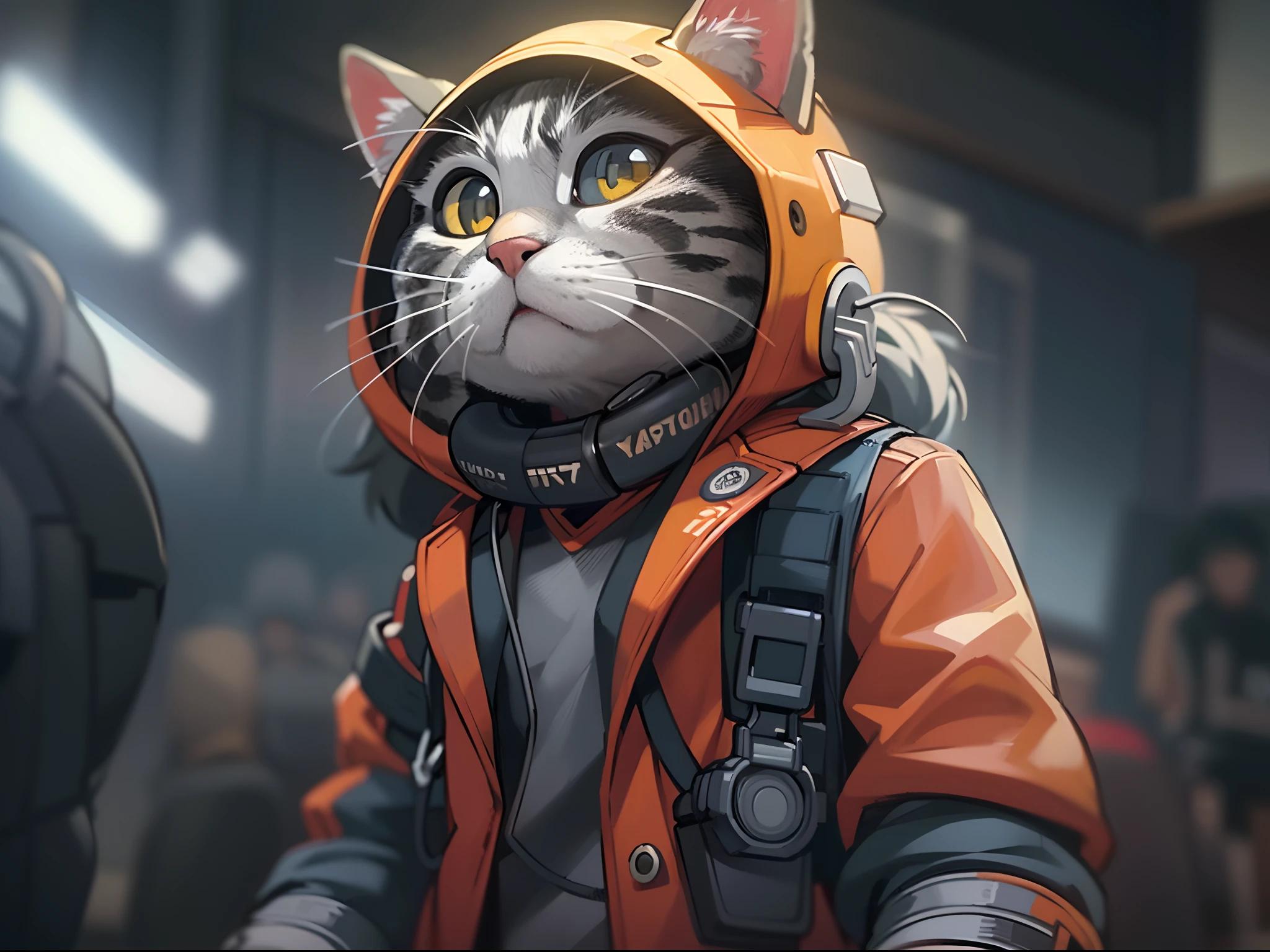 ((Best quality, 8K, Masterpiece: 1.4)),((Amazing detail: 1.3)),((illustration, Hairstyle Casual: 1.2)),((high resolution: 1.1)), A cute cat standing, headset on head, Tactical coat, Fashionab, Soft light, Colorful, Depth of field, Cinematic lighting, From below, Anatomically correct, Amazing art of painting,