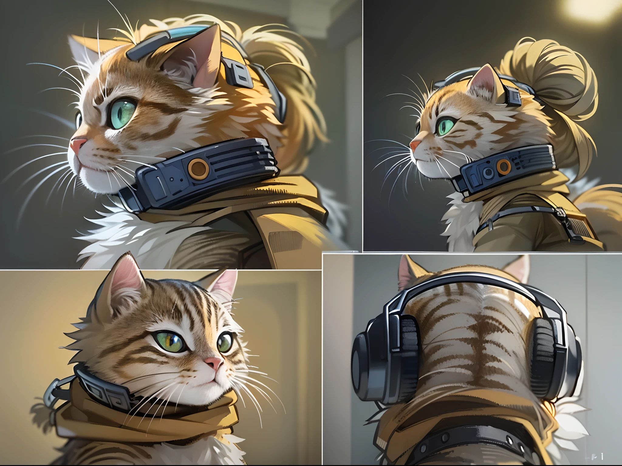 ((Best quality, 8K, Masterpiece: 1.4)),((Amazing detail: 1.3)),((illustration, Hairstyle Casual: 1.2)),((high resolution: 1.1)), A cute cat standing, headset on head, Tactical coat, Fashionab, Soft light, Colorful, Depth of field, Cinematic lighting, From below, Anatomically correct, Amazing art of painting,