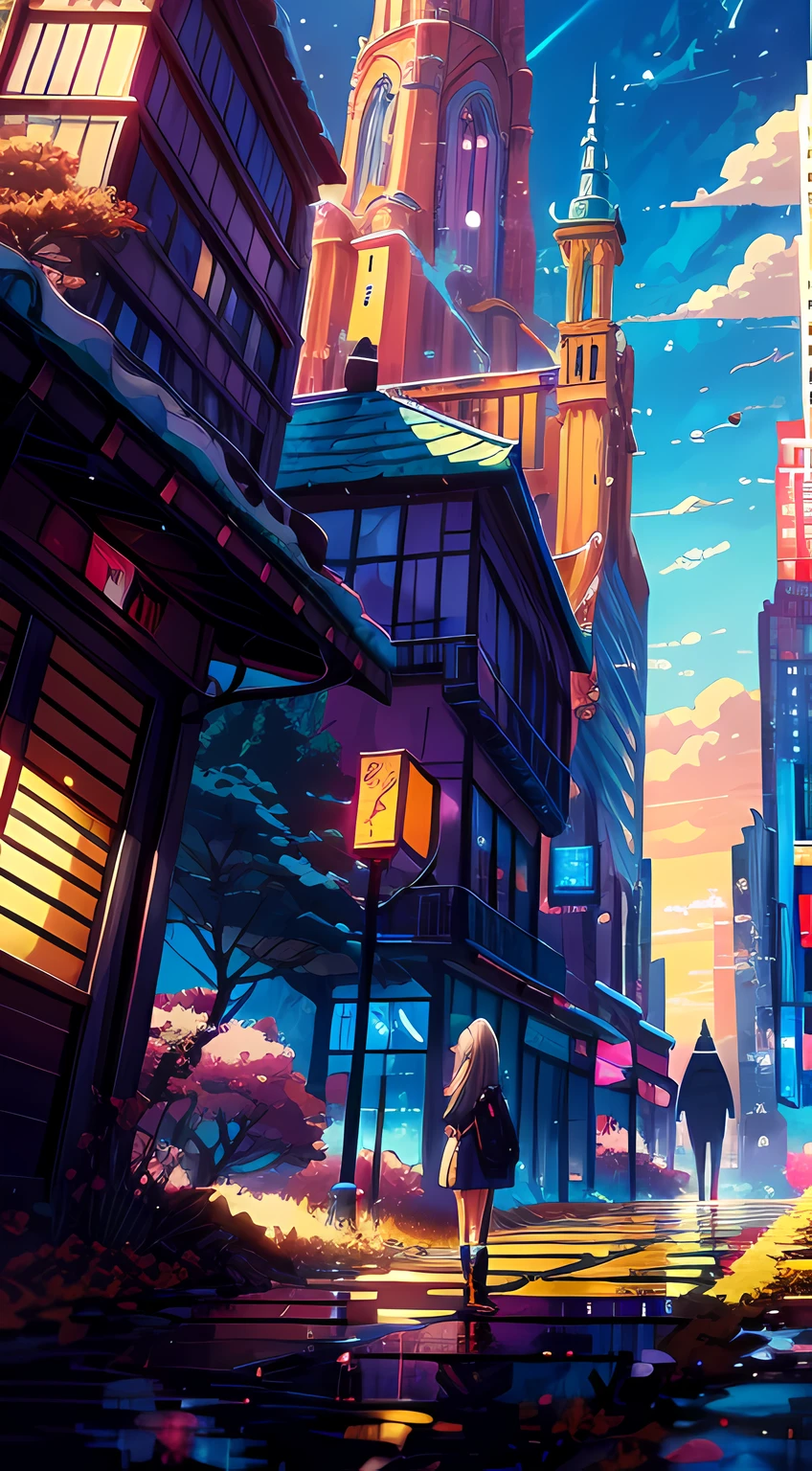 futural Anime girl standing in big city looking at rainbow sky,Near Future City、 Hayao Miyazaki cyril rolando, anime art wallpaper 32k, anime art wallpaper 32k, Anime art wallpaper 8k, inspired by Cyril Rolando, in the style dan mumford artwork, amazing wallpapers, by Yuumei