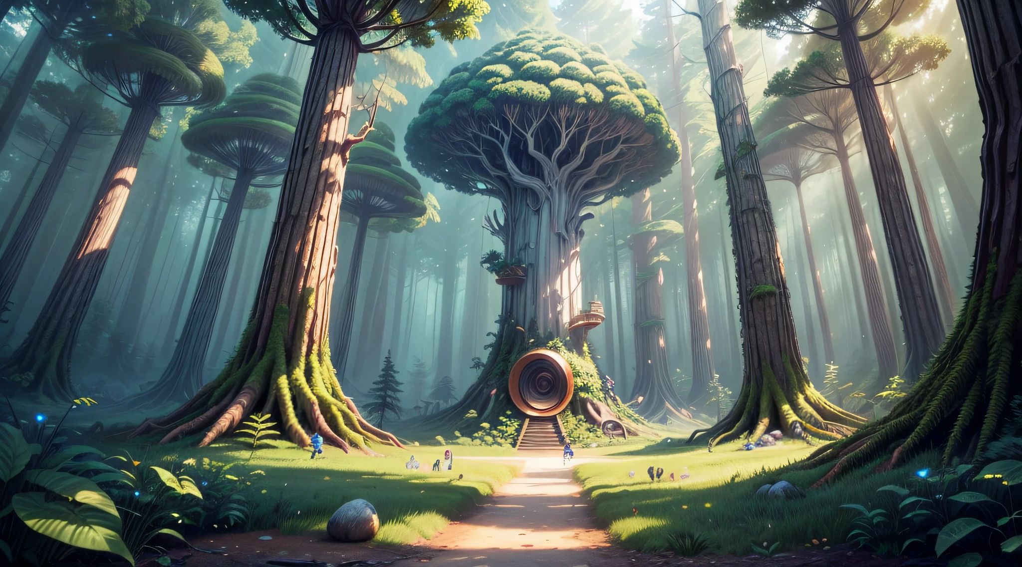A concept design for a video game level set in an alien forest where the trees have shells and emit music. Players would navigate this vibrant, interactive environment, uncovering the tree's secrets and solving puzzles through their musical abilities.