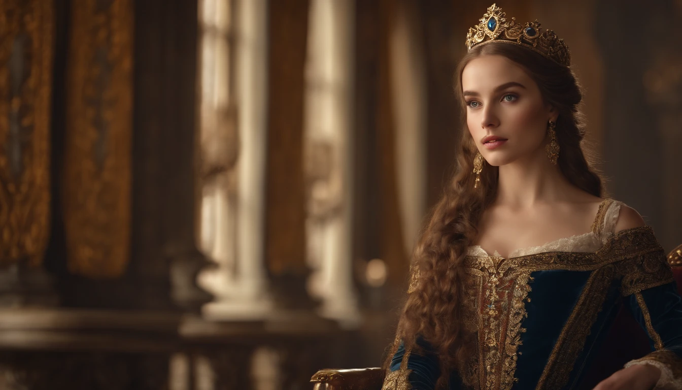 bestquality,10,highres,ultra-detail,portrait,Beautiful girl with long hair,A rugged aristocracy..,mediaeval,Royal Costume,Inside the palace,Golden Throne,detailed facial features,Expressive eyes and lips,rich colors,gentle lighting