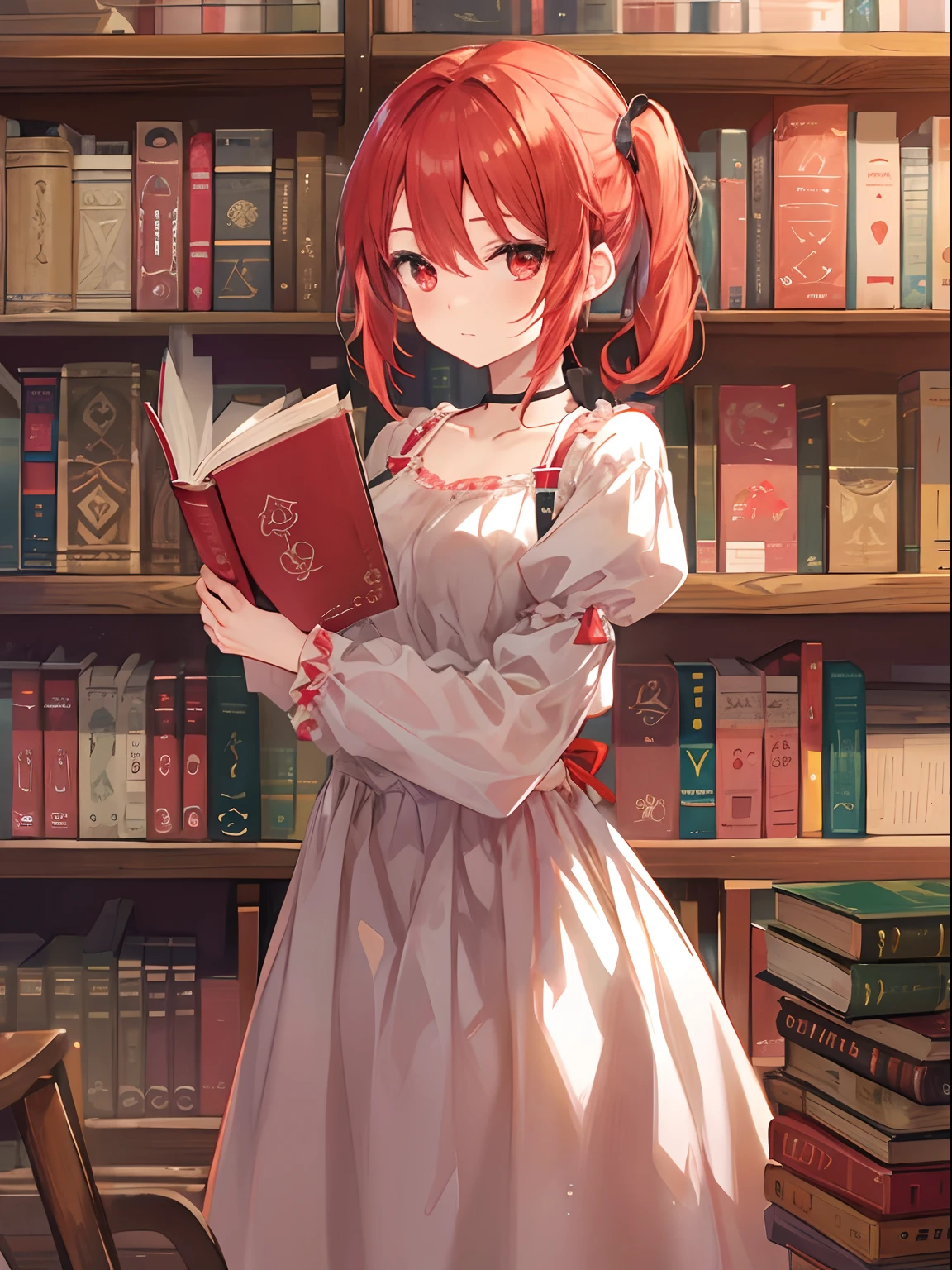 Anime Style, Short Red hair Girls With Pony tail, Red Eyes, Expresive eyes, Wearing A Long Dress, Holding A Book With Pose 3/4, Best Quality, Standing In Library Room