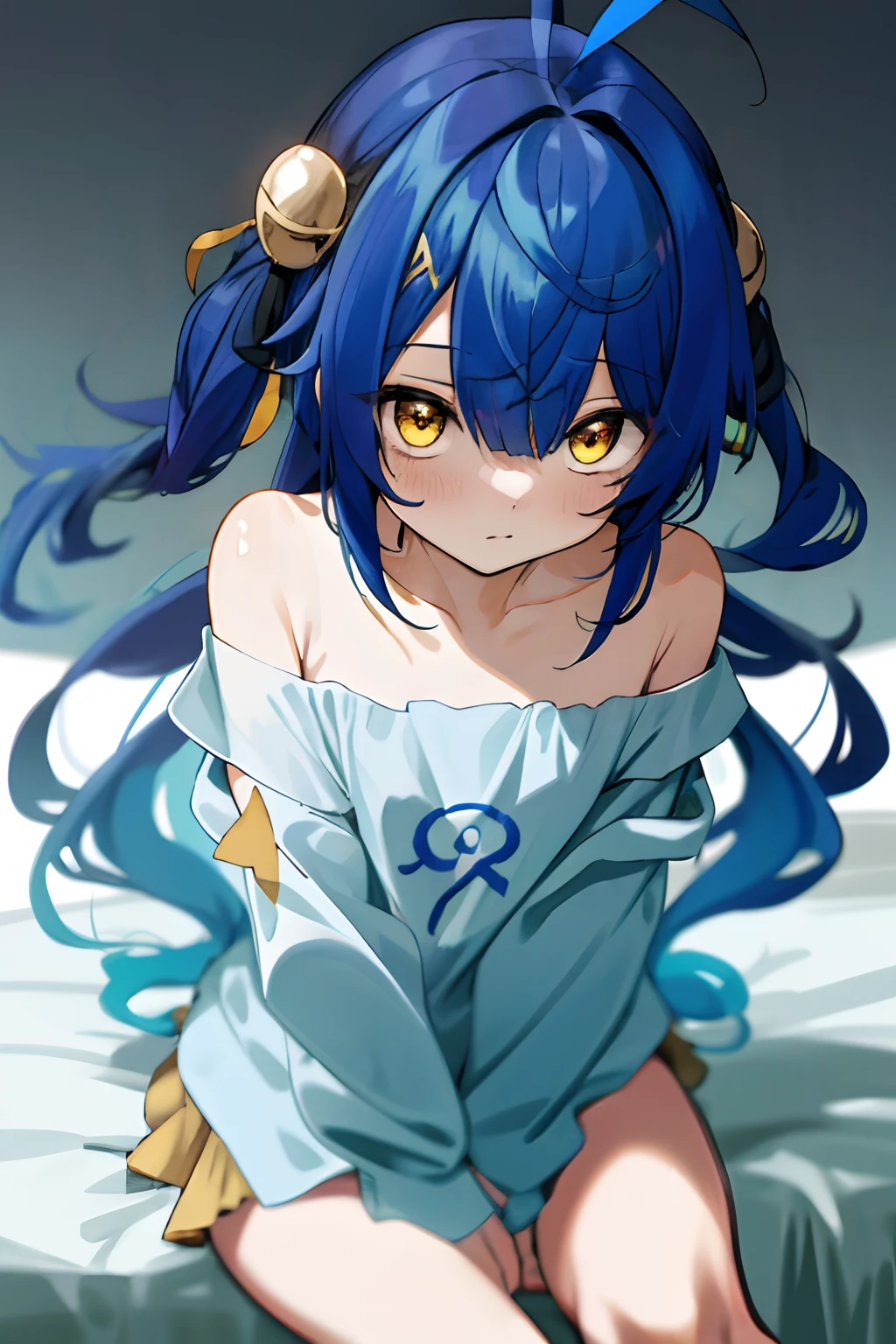 masterpiece, top quality, high resolution, 1 girl, solo, small, long hair, gold eyes, dark blue hair, ahoge, bangs, hair between eyes, floating hair, (naked oversized shirt), shirt pulling, bare shoulders, sitting on bed, blush, sweat