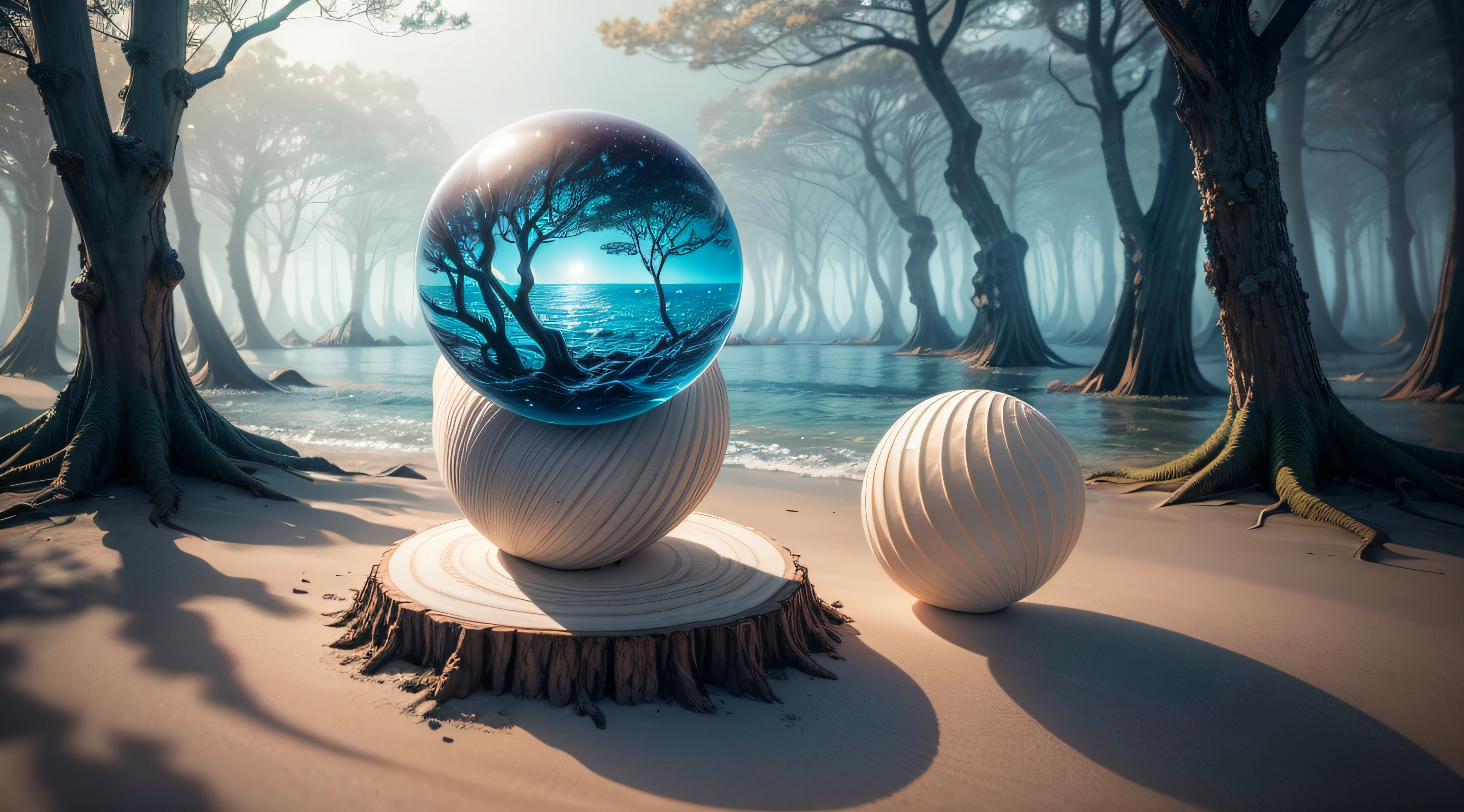 A striking photograph of a seashell placed within the branches of a tree in a surreal landscape. The image plays with the idea of ien song tree shell" and invites viewers to ponder the connection between land and sea, earth and the cosmos.