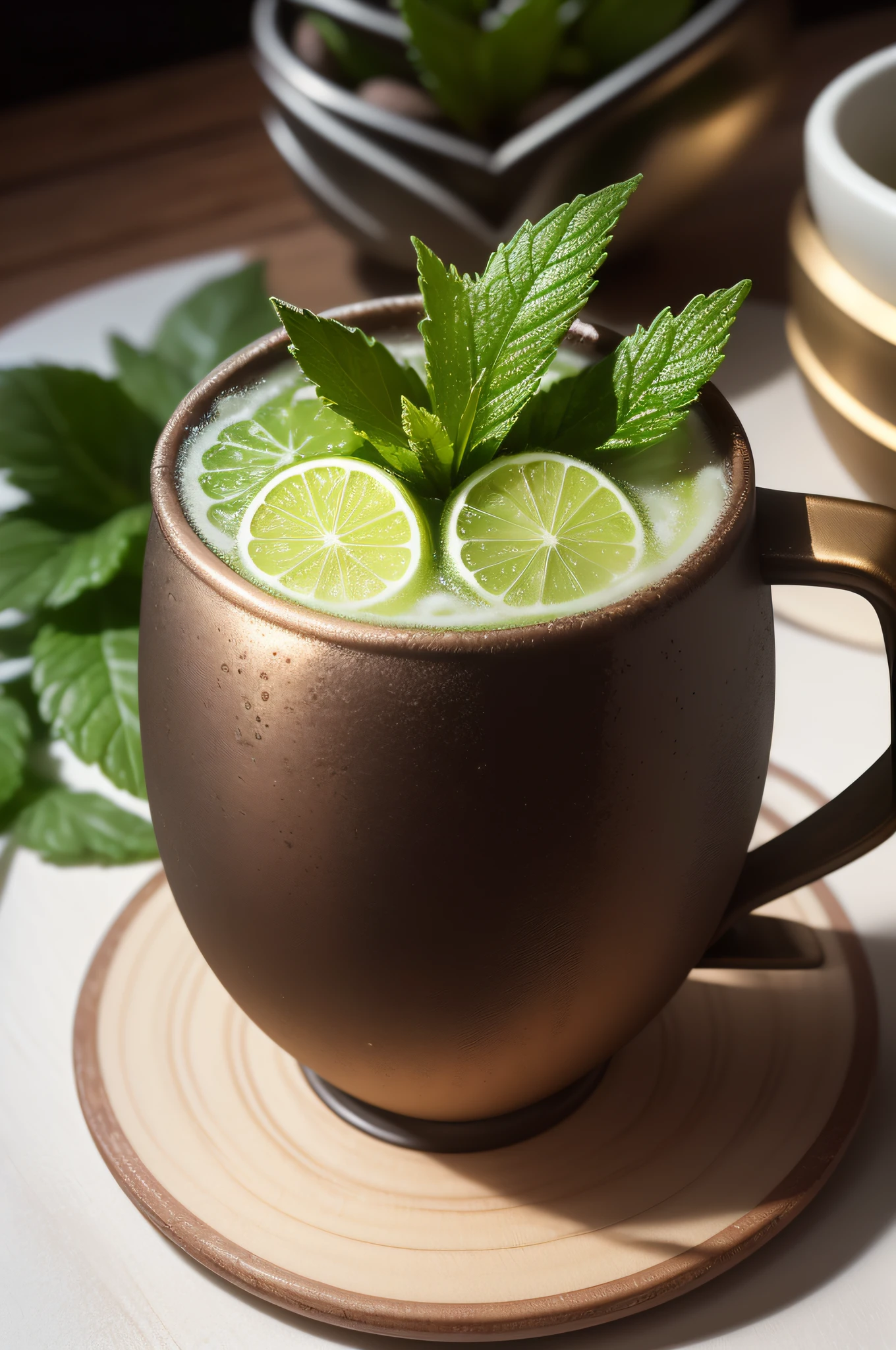 (8k、Fotografia RAW、qualidade superior、obra prima:1.2)、(realisitic、Fotorrealista:1.37)、(ultra-detalhada)、drink moscow mule clássico, in bronze cup with white foam and mint leaf, in a dark environment with direct lighting in the drink