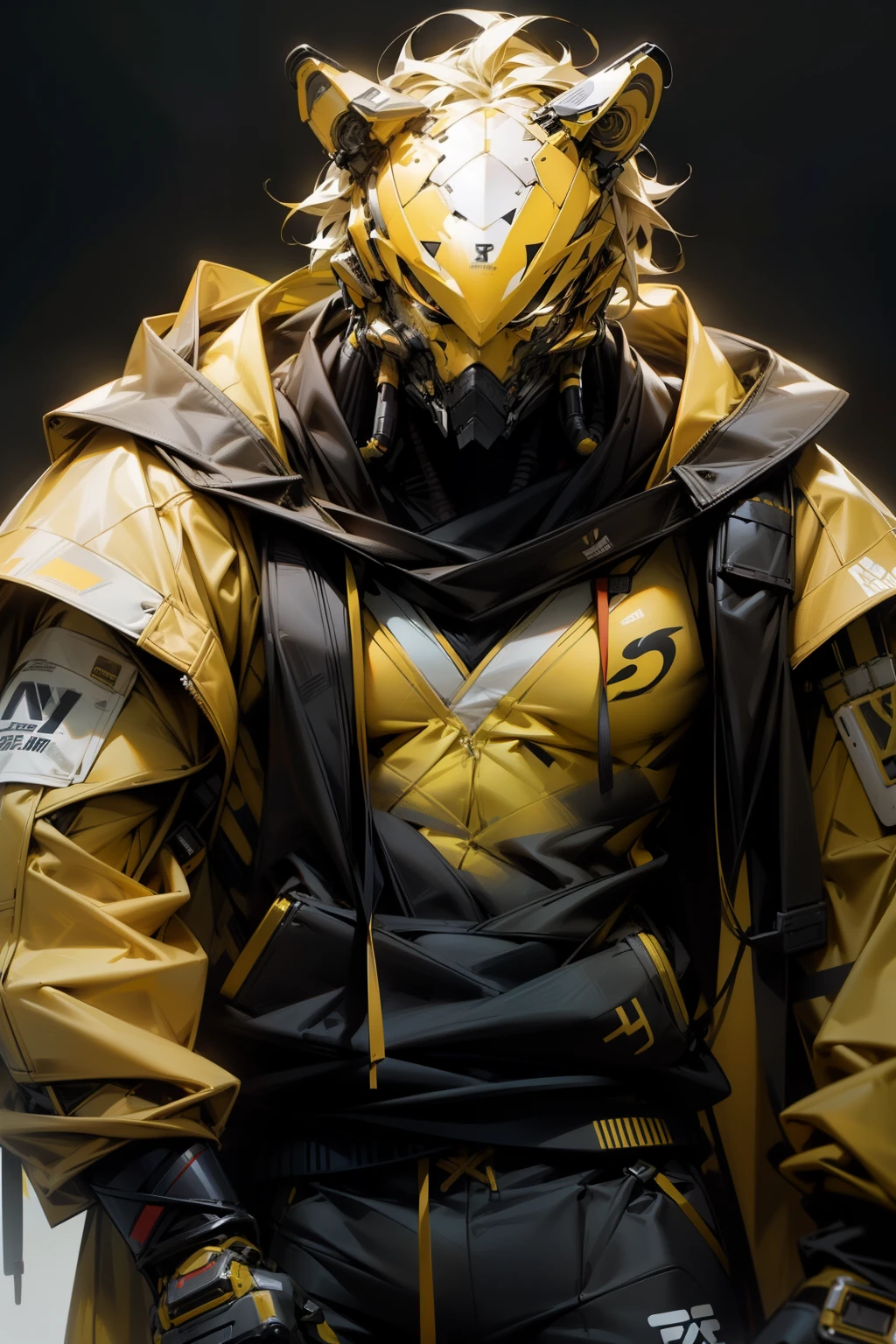 All clothes are yellow、Hanshin Tigers、Hanshin Tiger Scholarship、(((stunning masterpiece))), (((Featuring the highest quality))), An incredible spectacle unfolds before us. A mysterious figure emerges, Decorated with a yellow hoodie and yellow pants and a yellow mask. This ultra-realistic artwork is、It gives off a cyberpunk vibe, Reminiscent of digital animation.The yellow color palette is、Yellow shades prevail, perfectly complements the yellow shade of bright red eyes and yellow mask,,."
